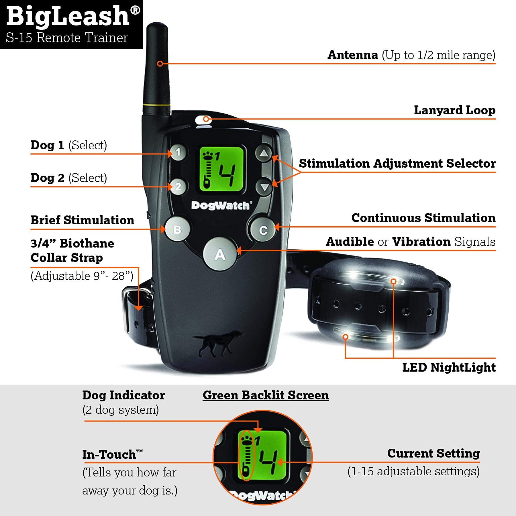 DogWatch S-15 No Shock Dog Training Collar - Waterproof, Rechargeable, 1/2 Mile Range, Black, for Small to Large Dogs