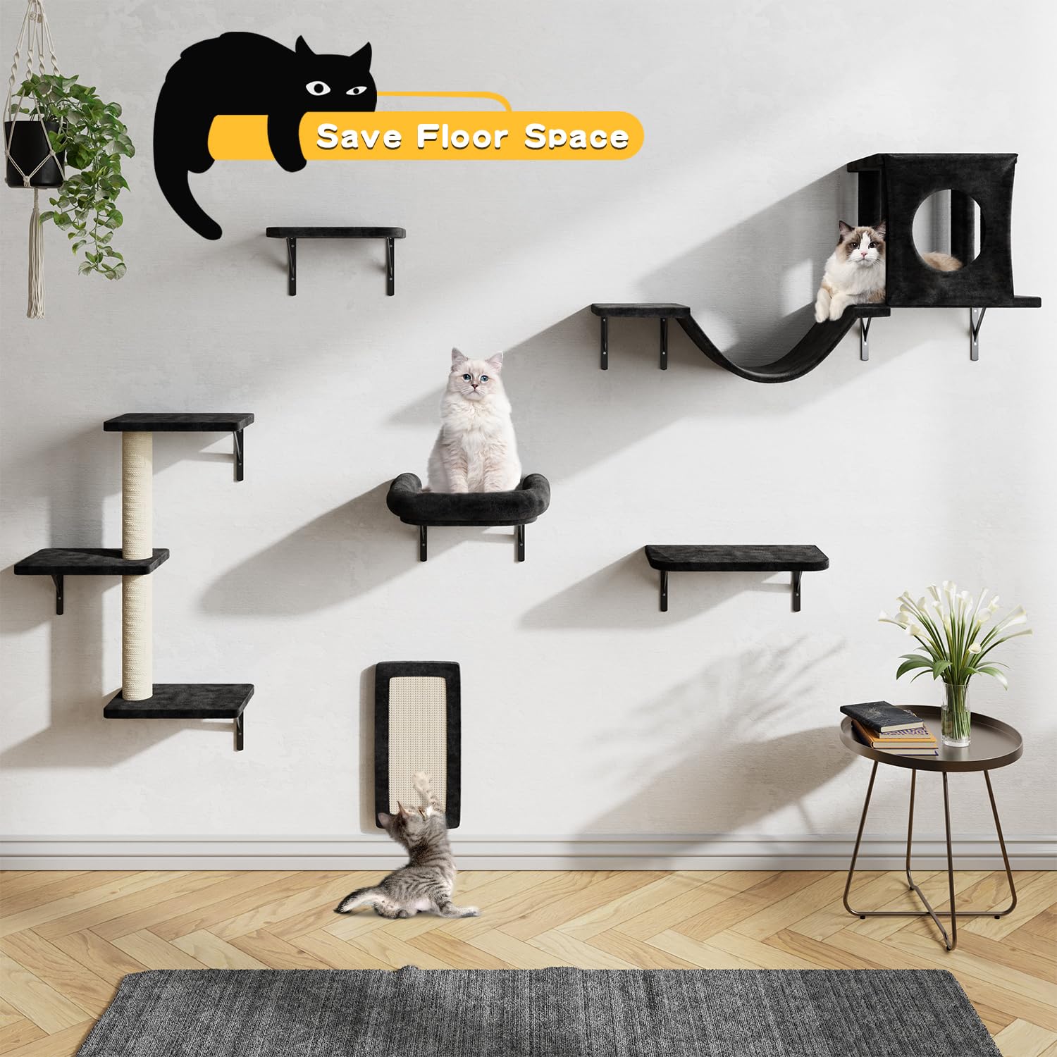 Nunu Lab Wall Mounted Cat Climber Set, 6 Pcs Cat Furniture With House, Tunnel, Bridge, Steps, Scratcher Board, Shelves For Indoo