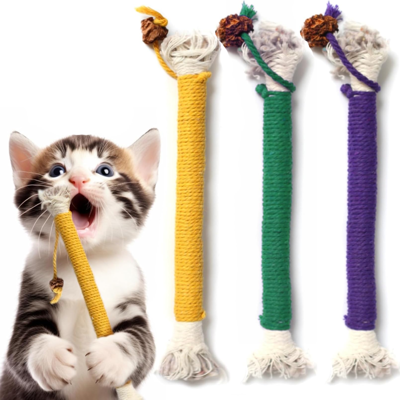 Letalong 3 PCS Cotton Rope Cat Toys for Indoor Cats, Interactive Cat Rope Toys with Silvervine Fruit for Cats and Kittens, Handm