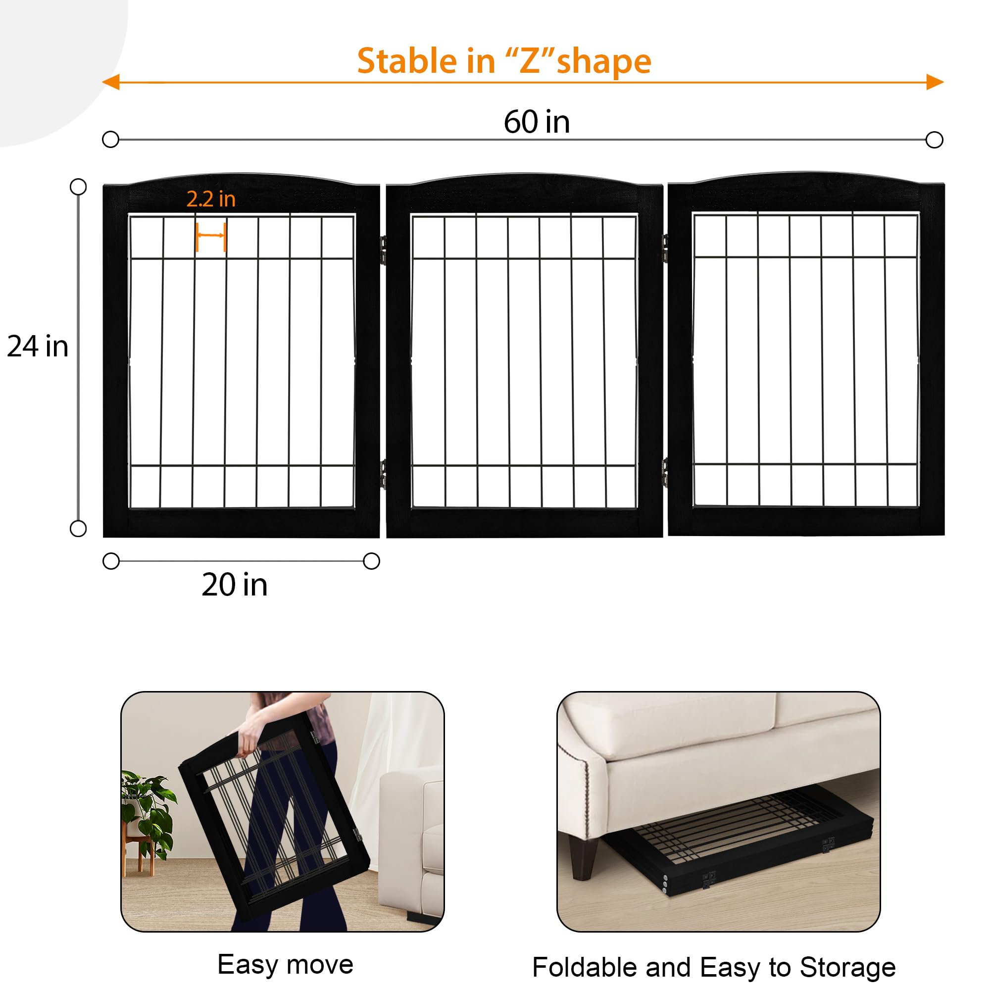 Lzrs 3-Panel Freestanding Foldable Wooden Dog Gate -Solid Wood & Steel Wire Chew-Resistant Indoor Safety Pet Fence For Doorways