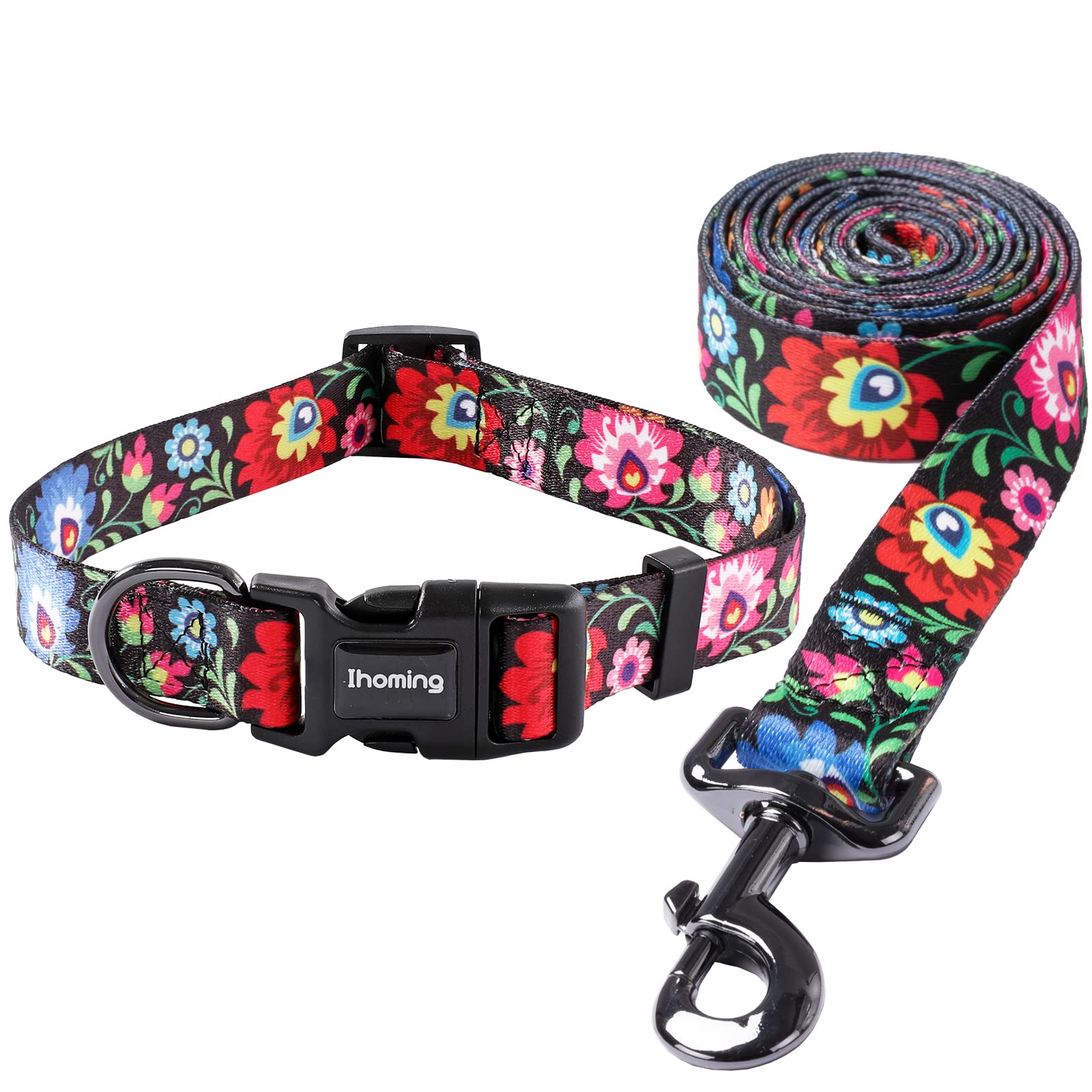 Ihoming Dog Collar and Leash Set for Daily Outdoor Walking Running Training, Black Colorful Flowers Design for Large Boys Girls 