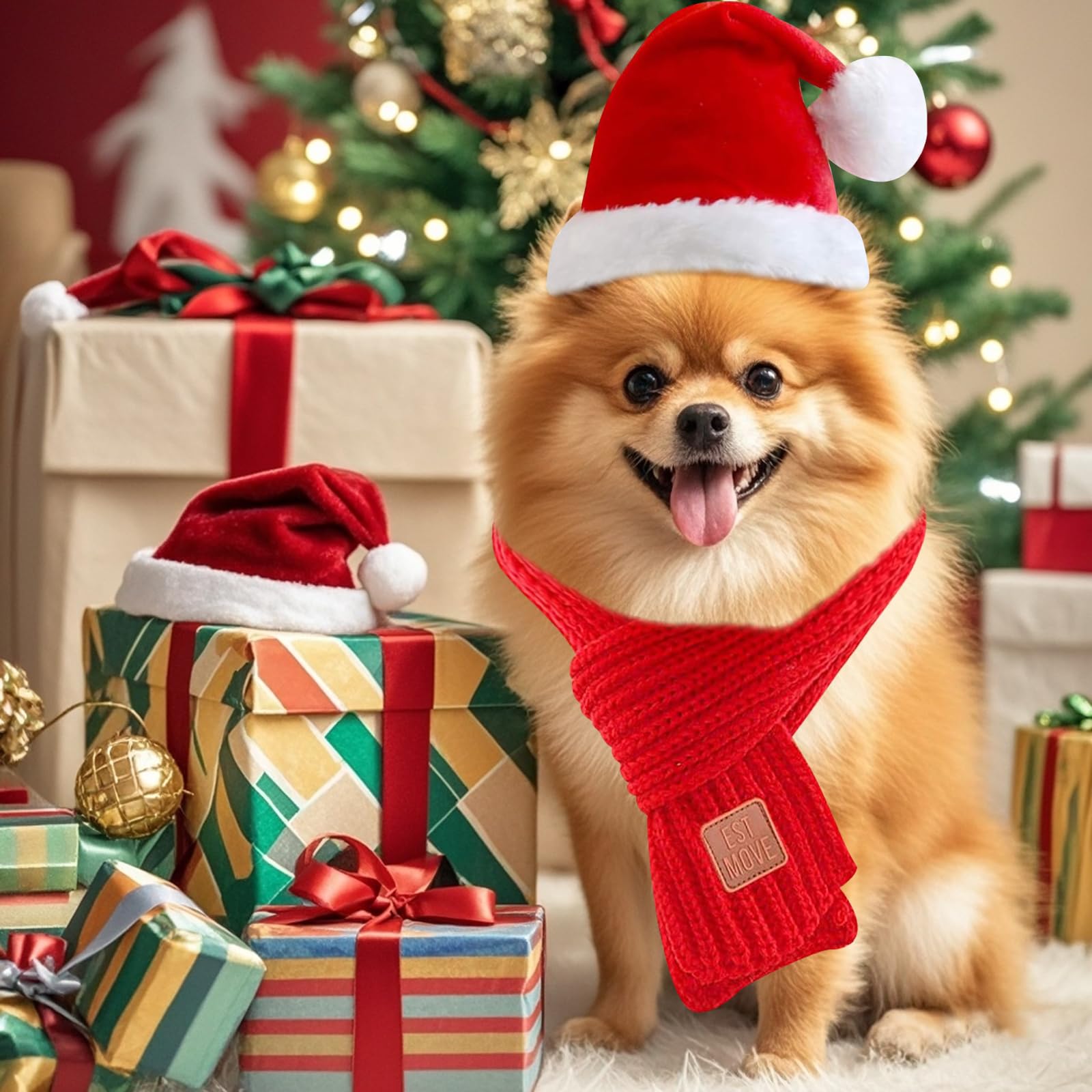 Dog Christmas Hat & Scarf Set For Small Dogs Puppies Cats - 2 Pcs Adjustable Santa Hat And Knitted Scarf, Fall Winter Costume (H