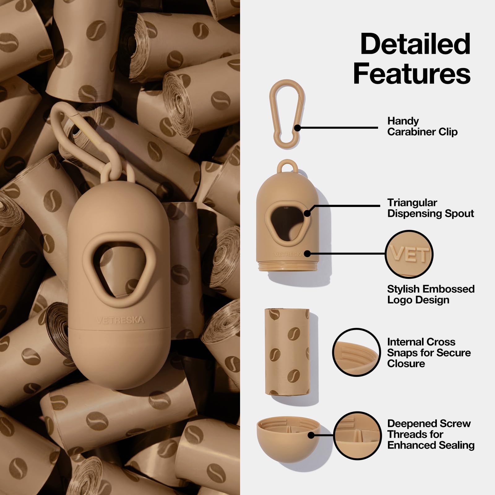 Vetreska Dog Poop Bags Dispenser With Coffee Scented Waste Bags, Leak Proof, Extra Thick & Strong, 1 Holder And 105 Count Pet Po