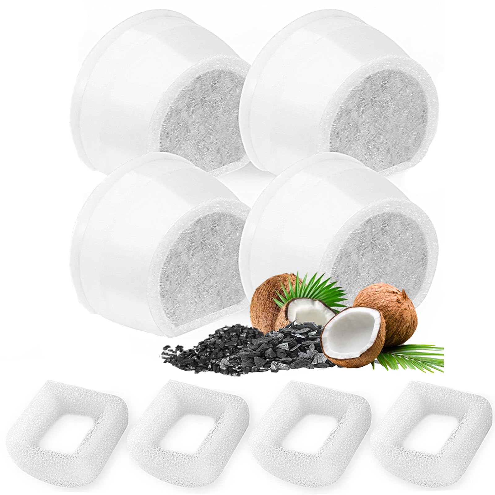 8 Pack Cat Water Fountain Filters Replacement, 4 Carbon Filters and 4 Foam Sponge Pre-Filter Fit for Multiple Ceramic and Stainl