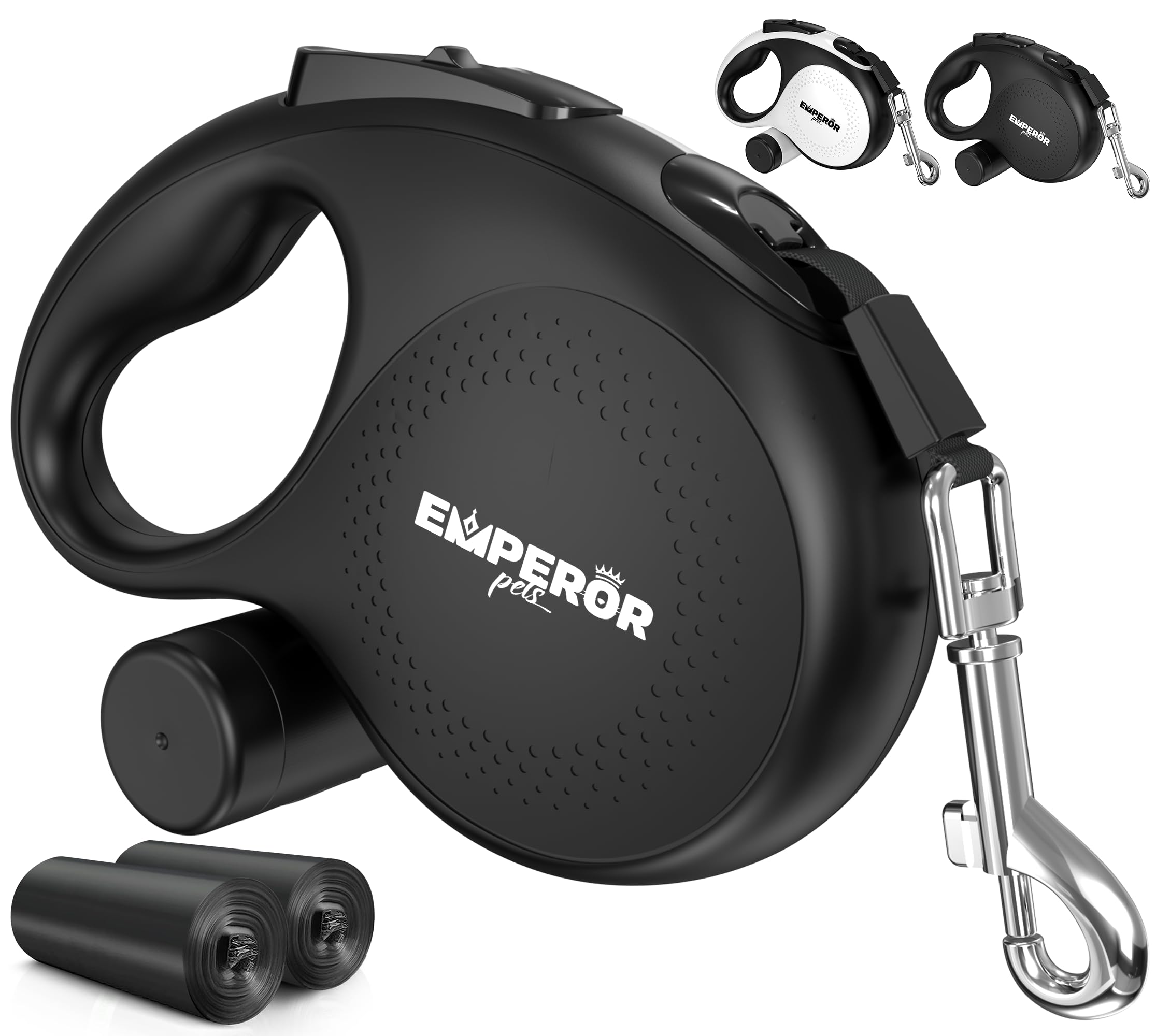 Emperor Pets 26 Ft Retractable Dog Leash Black - Heavy Duty Retractable Pet Leash With Anti-Slip Grip - Reflective Dog Leash Tap