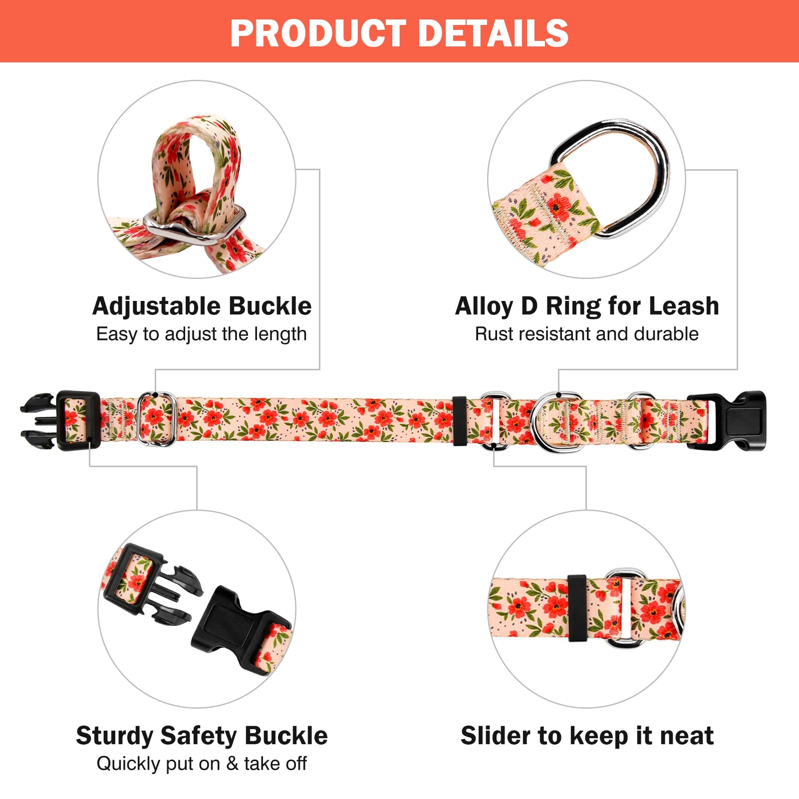 Martingale Collar For Dogs, Adjustable Soft Nylon Cute Floral Dog Collars With Quick Release Buckle For Puppy Xsmall Dog Collar