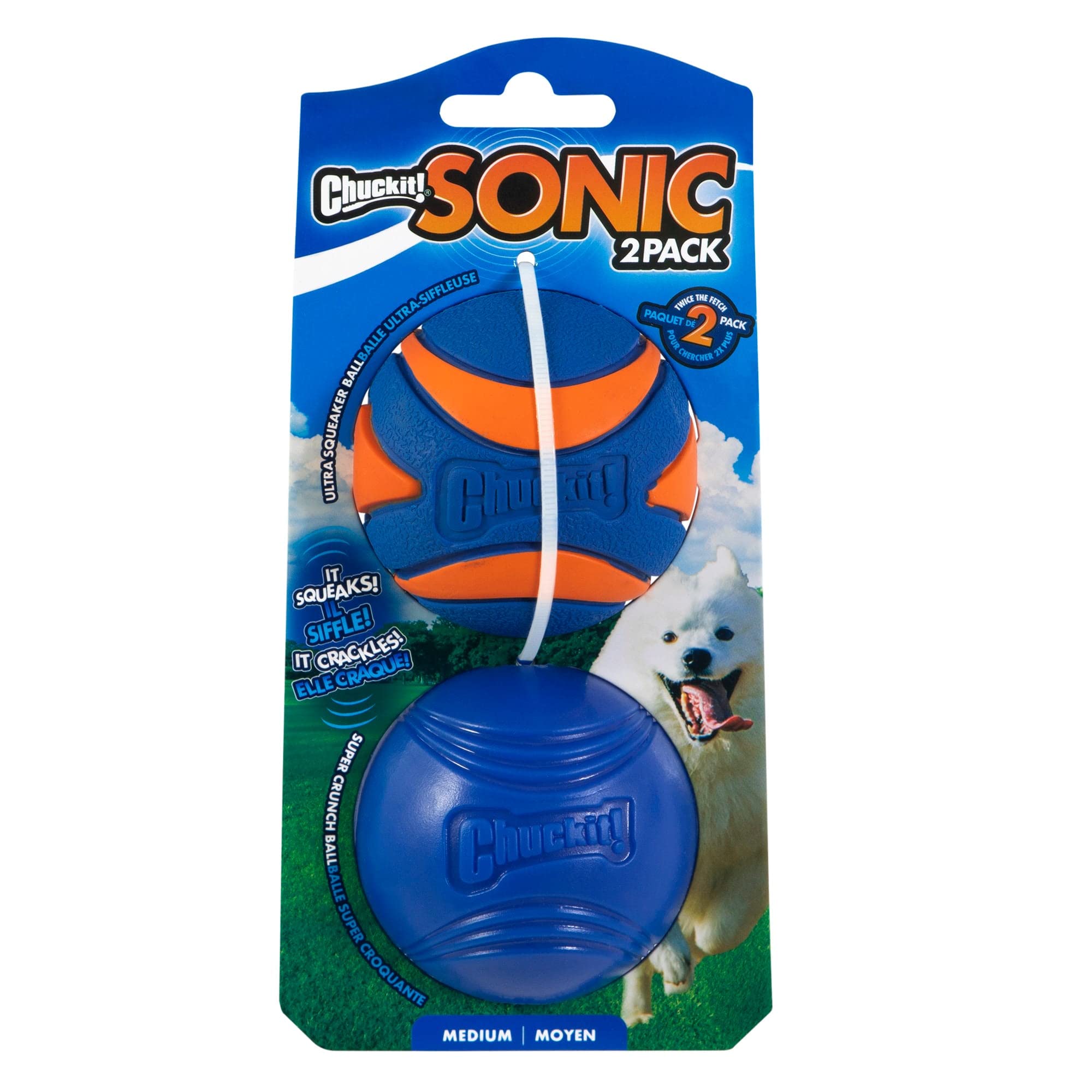 Chuckit! Sonic Dog Ball Medium (2.5 Inch Diameter) Pack of 2, for Breeds 20-60 lbs