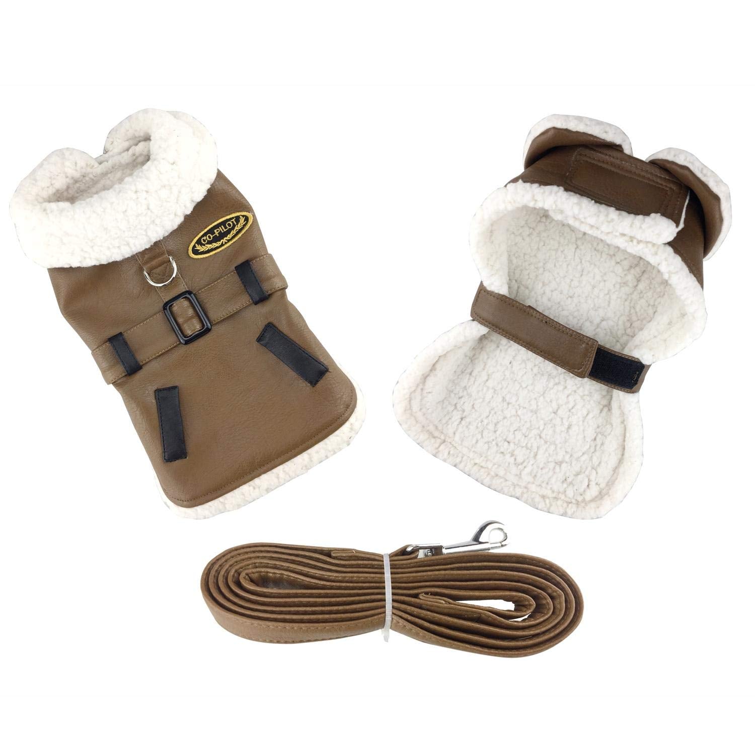 Faux Leather Brown Bomber Dog Coat - White Trim - Large