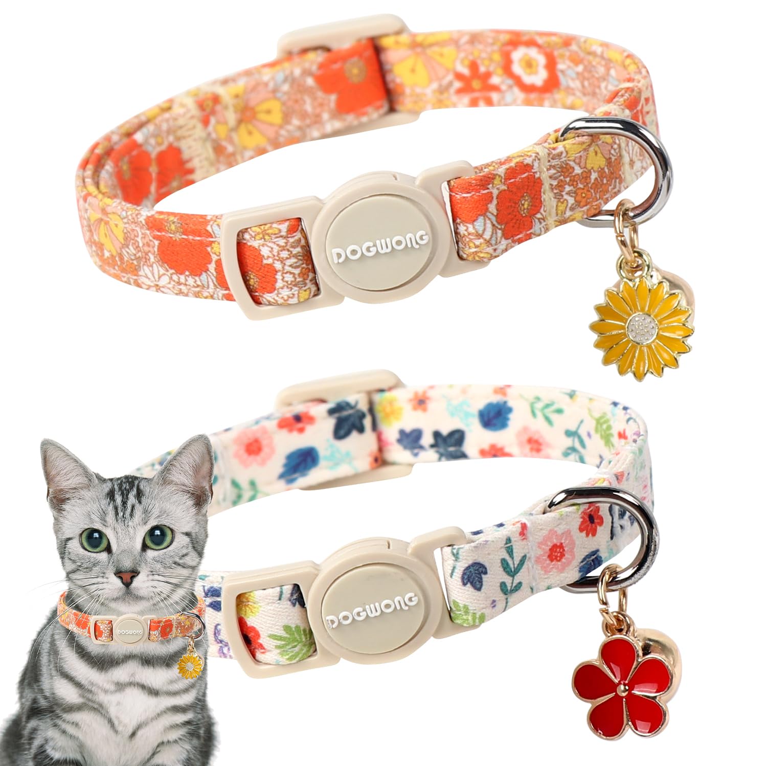 2 Pack Flower Cat Collars Breakaway With Bell, Dogwong Safety Buckle Rose Floral Cute Cat Collar For Girl Boy Cats,Adjustable 7-