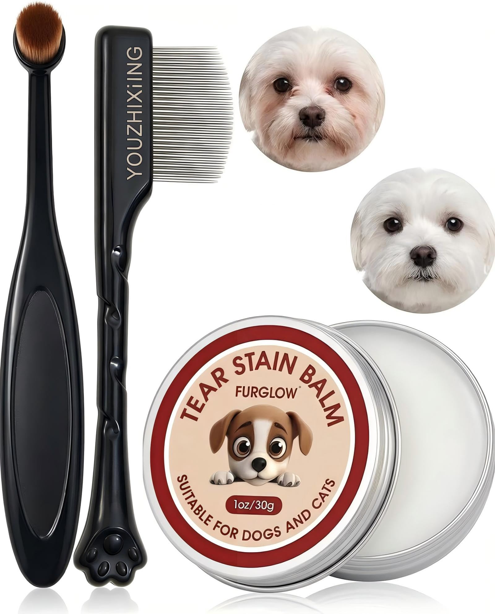 3-in-1 Tear Stain Remover for Dogs & Cats - 1oz Natural Eye Balm with Pro Brush & Fine-Tooth Comb - Professional Eye Gunk & Crus