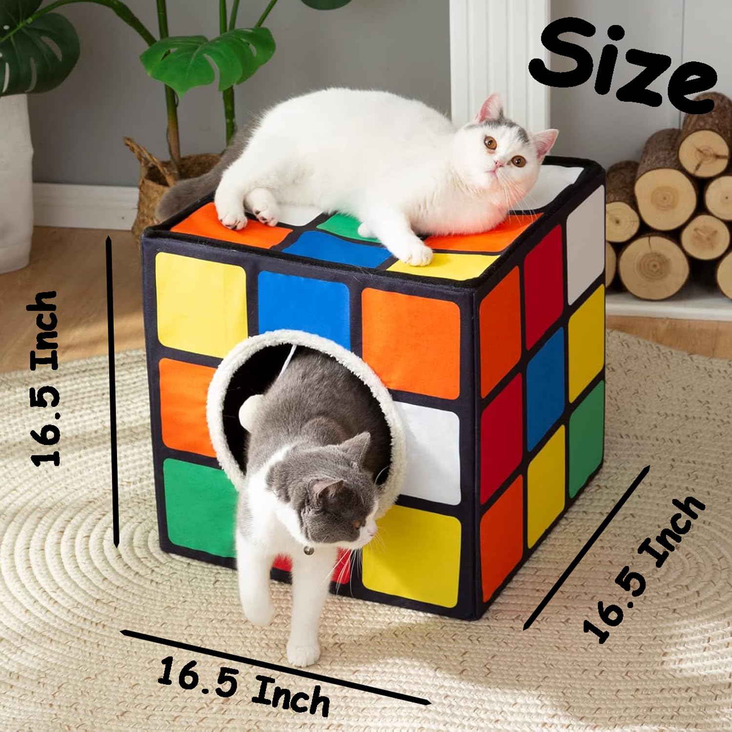Luckitty Cat Condo House With Reversible Cushions And Fluffy Ball Hanging, Foldable Magic Cube, Large Cave Bed For Indoor Cats,