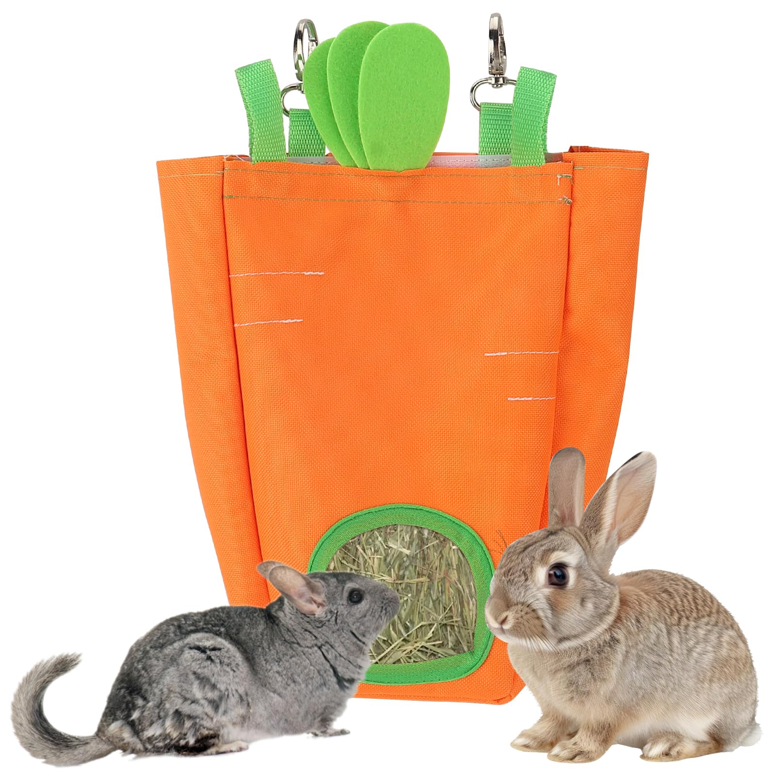 Abtols Rabbit Hay Feeder Bags, Hanging Hay Feeder For Cage Guinea Pigs Chinchillas Hamsters Orange Green Carrot Shape Bunny Smal