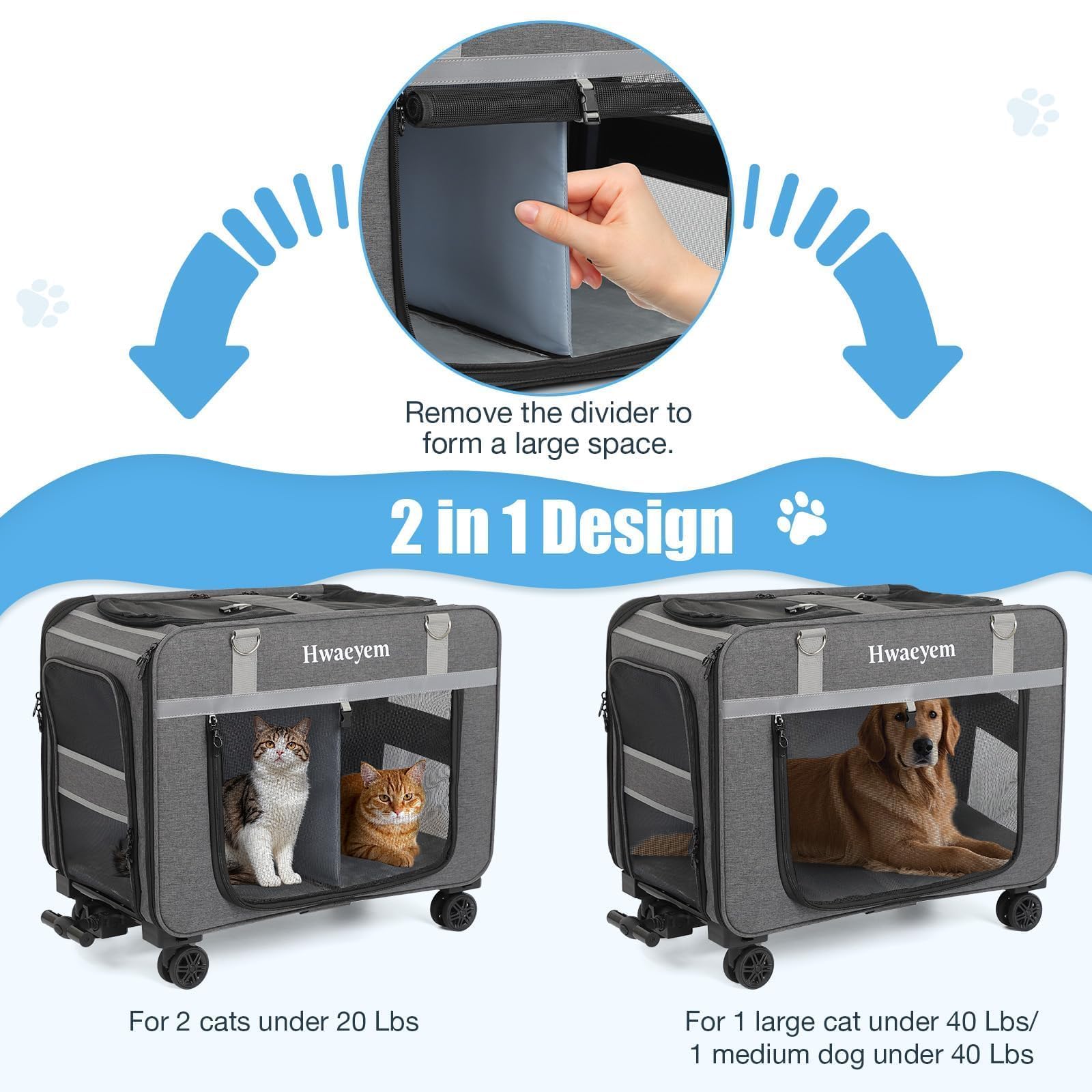 Extra Large Pet Cat Carrier With Wheels, Pet Carrier For 2 Cats Or Medium Dog, 24'' X 15'' X 17'' Portable Dog Cat Crate For Lar