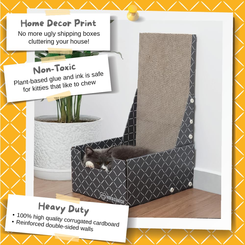 Hide & Scratch Cardboard Cat Scratcher Box & Bed - Dark Grey Diamond (Vertical L-Shaped) | Double-Sided Corrugated Pad for Indoo