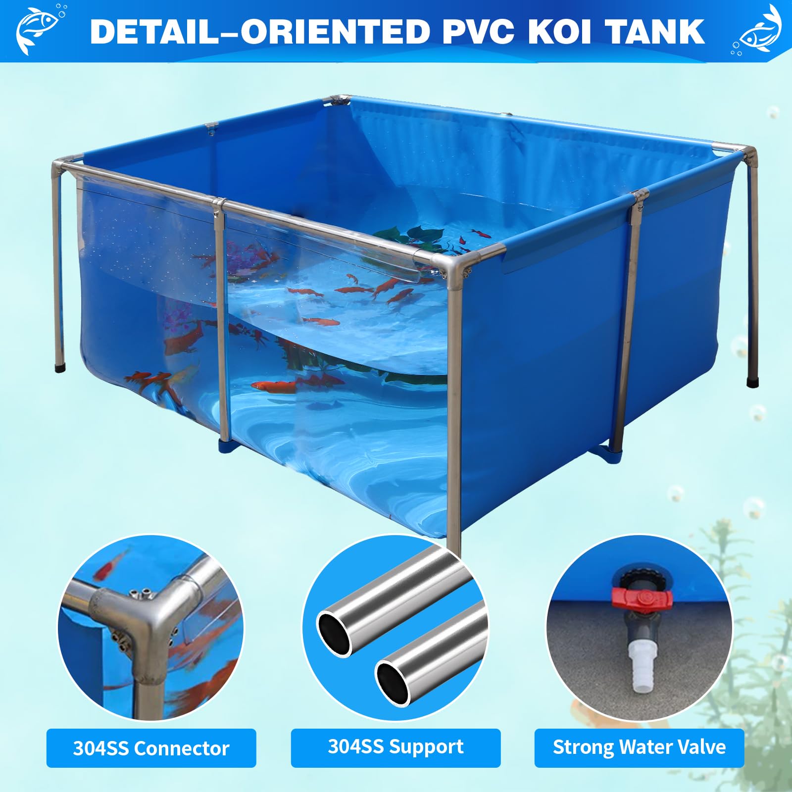 Pvc Koi Aquarium Tank, Temporary Fish Tank With Clear Viewing Panel, Koi/Goldfish Pond With 304Ss Frame & Drain Valve(47.3' L*3