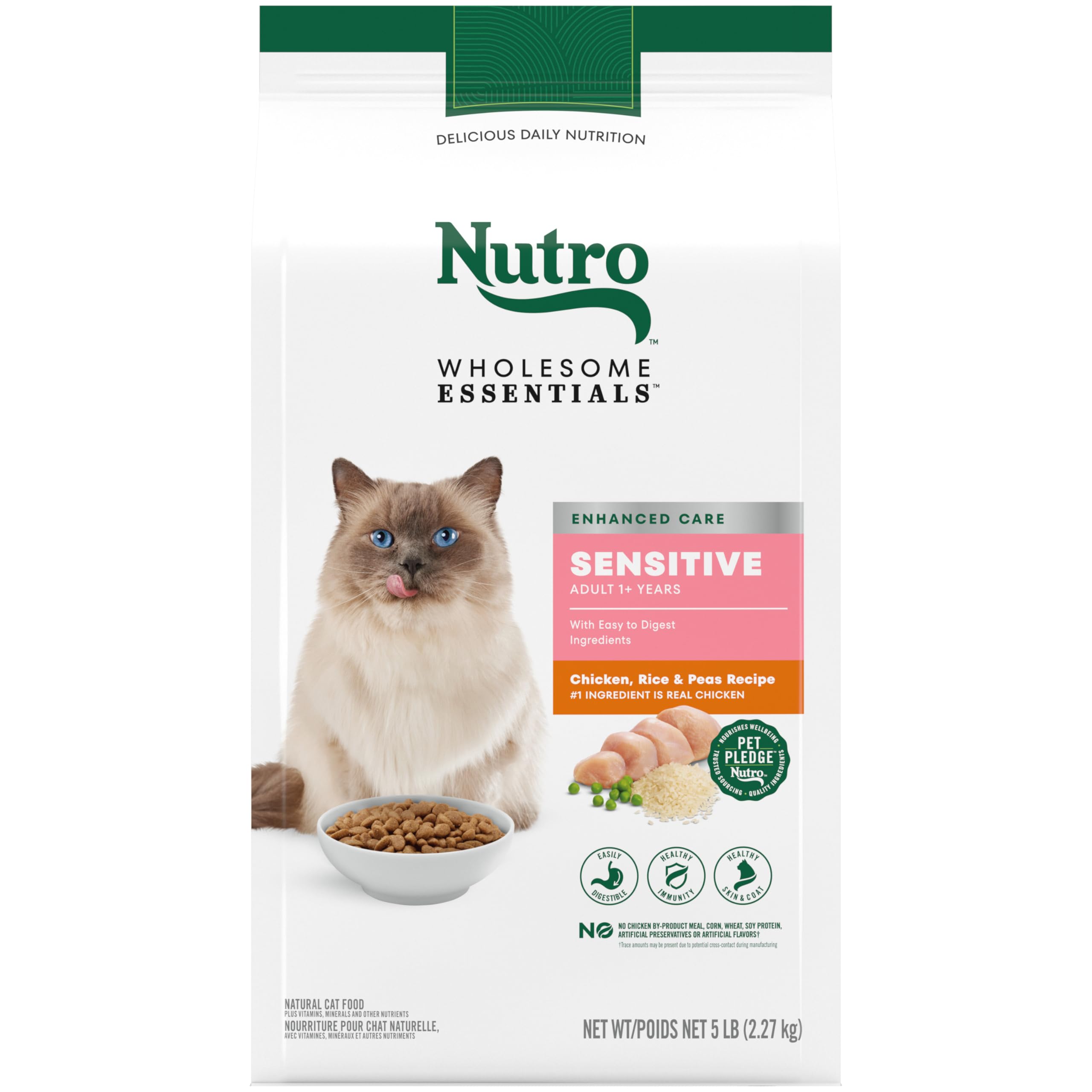 Nutro Wholesome Essentials Dry Cat Food, Enhanced Care Sensitive, Chicken, Rice & Peas, 5 lb. Bag