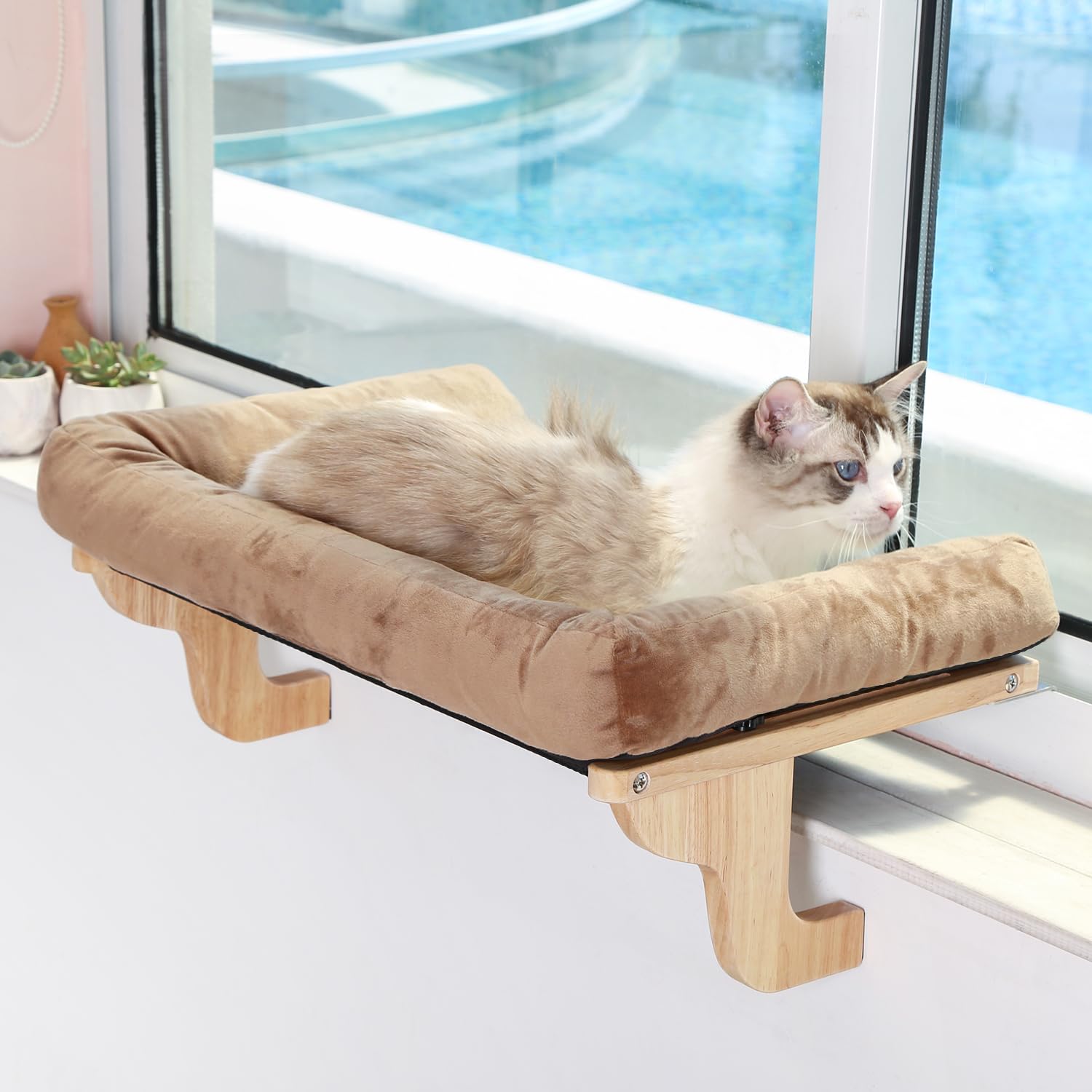Zakkart Cat Perch For Window Sill With Bolster - Orthopedic Hammock Design With Premium Hardwood & Robust Metal Frame - Cat Window Seat For Large Cats And Kittens - Natural Color Wood With Brown Bed