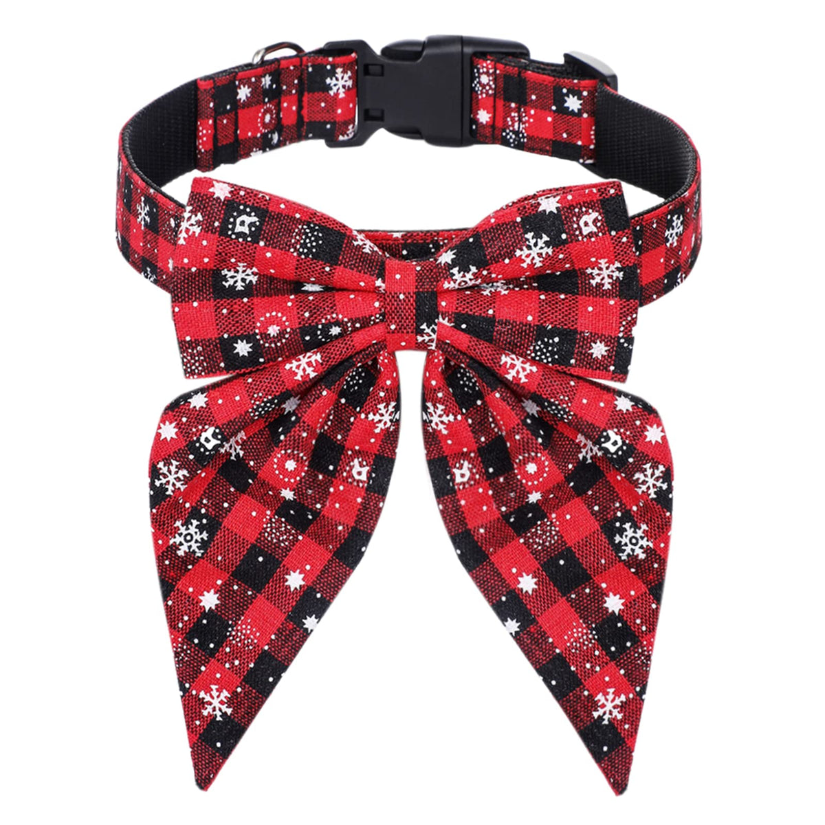 Malier Christmas Dog Collar With Bow Tie, Classic Buffalo Plaid Dog Christmas Collars With Durable Buckle Holiday Dog Collar For Small Medium Large Dogs Puppy (Snowflake Red & Black Plaid, Large)