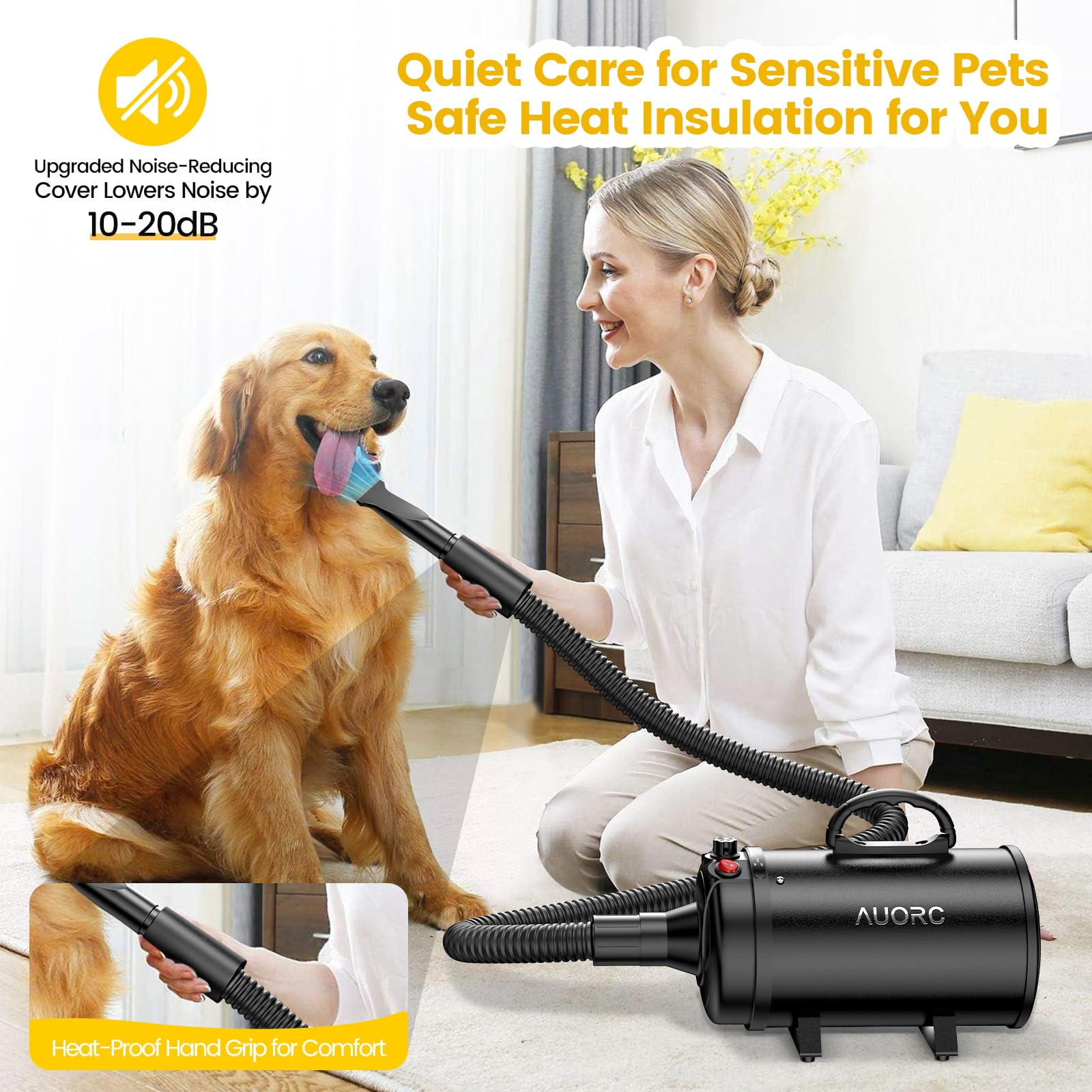 Auorc Dog Dryer, 5.2Hp/3800W High Velocity Dog Hair Dryer With 4 Nozzles, Stepless Adjustable Speed & Temperature Control, Low N