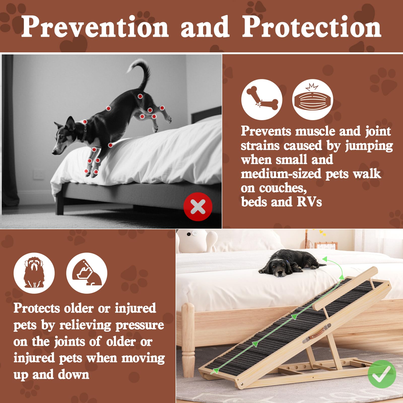 Chuiendi Dog Ramp For Bed, Couch, Car, Folding Pet Ramps 44.48'' Long Adjustable 15''-22'' Wooden Stairs With High Traction Mat