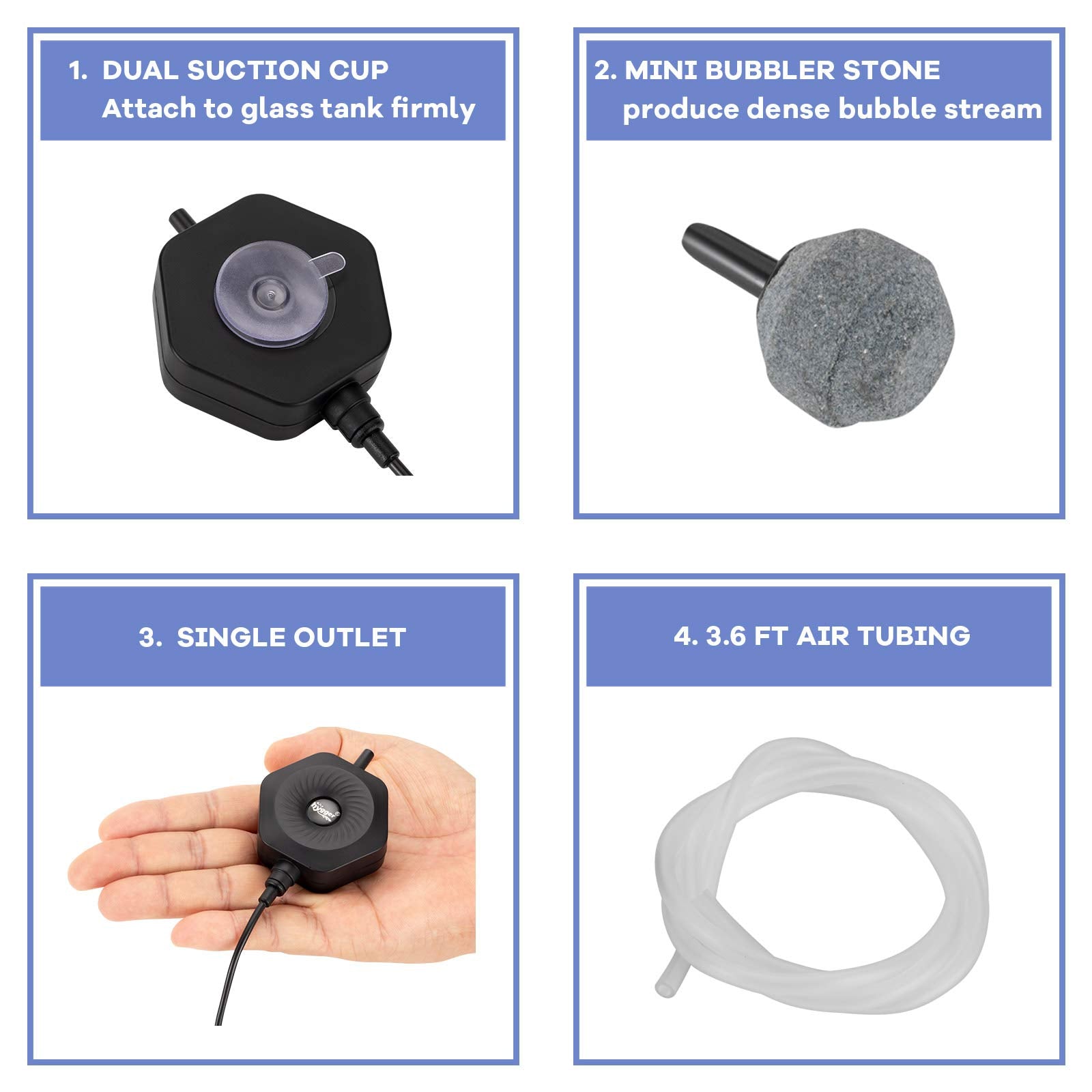 Hygger Quiet Mini Small Aquarium Air Pump Betta Fish Tank Bubbler Oxygen Aeration Pump With Air Stone Tubing Suction Cup For 0.5-15 Gal Fish Bowl