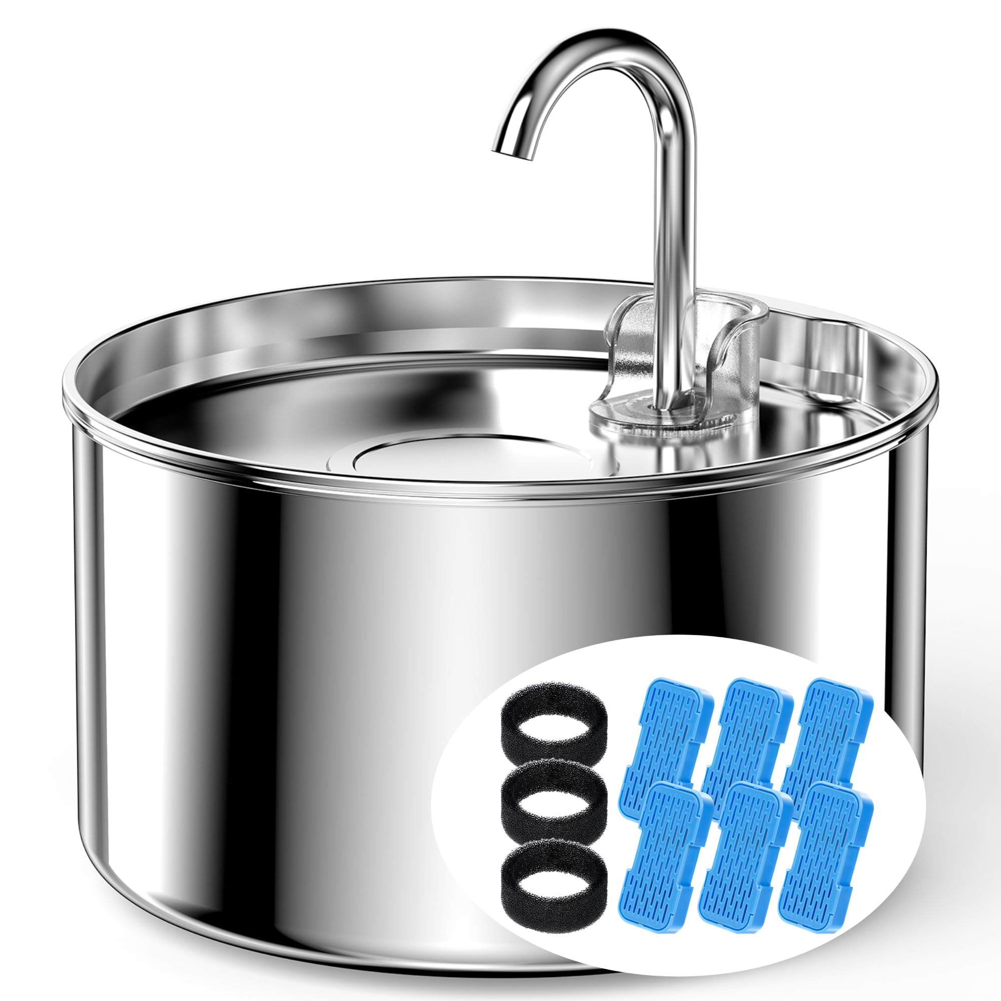 Cat Water Fountain Stainless Steel + 6 Filters + 3 Sponges - Pet Water Fountain 24/7 Keep The Water Fresh 74Oz Capacity Ultra-Qu