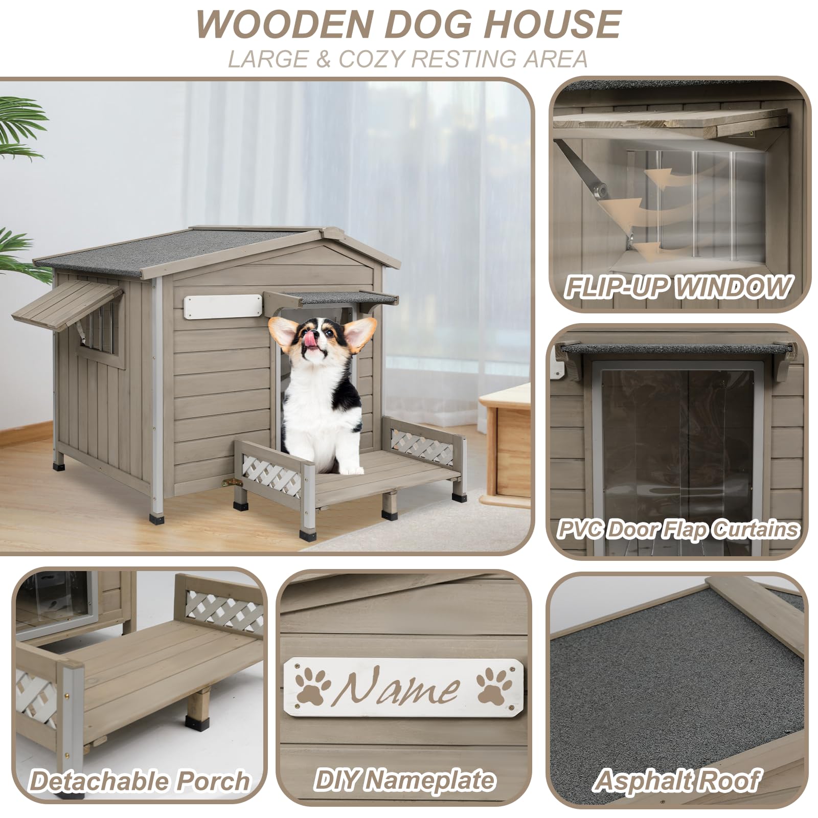 Petscosset Wooden Dog House Outdoor, Weatherproof Durable Dog Kennel Outside With Porch, Anti-Chewing Iron Frame Dog House For S