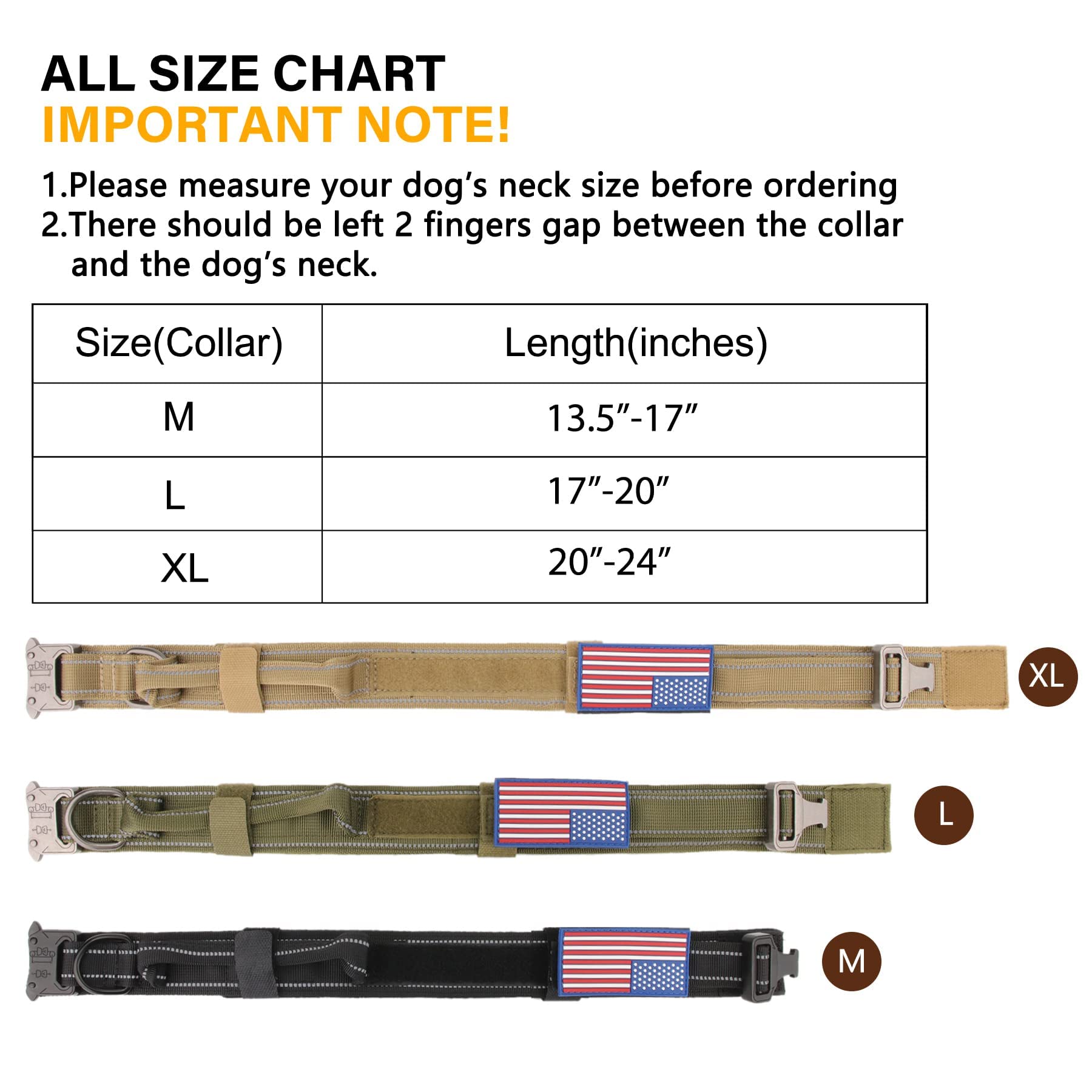 Tactical Dog Collar- Kcucop Military Dog Collar With Reflective Collar And American Flag Patch With Handle Heavy Duty Metal Buckle 1.5' Width Nylon Thick Adjustable K9 Collar(Orange Reflective-Xl)