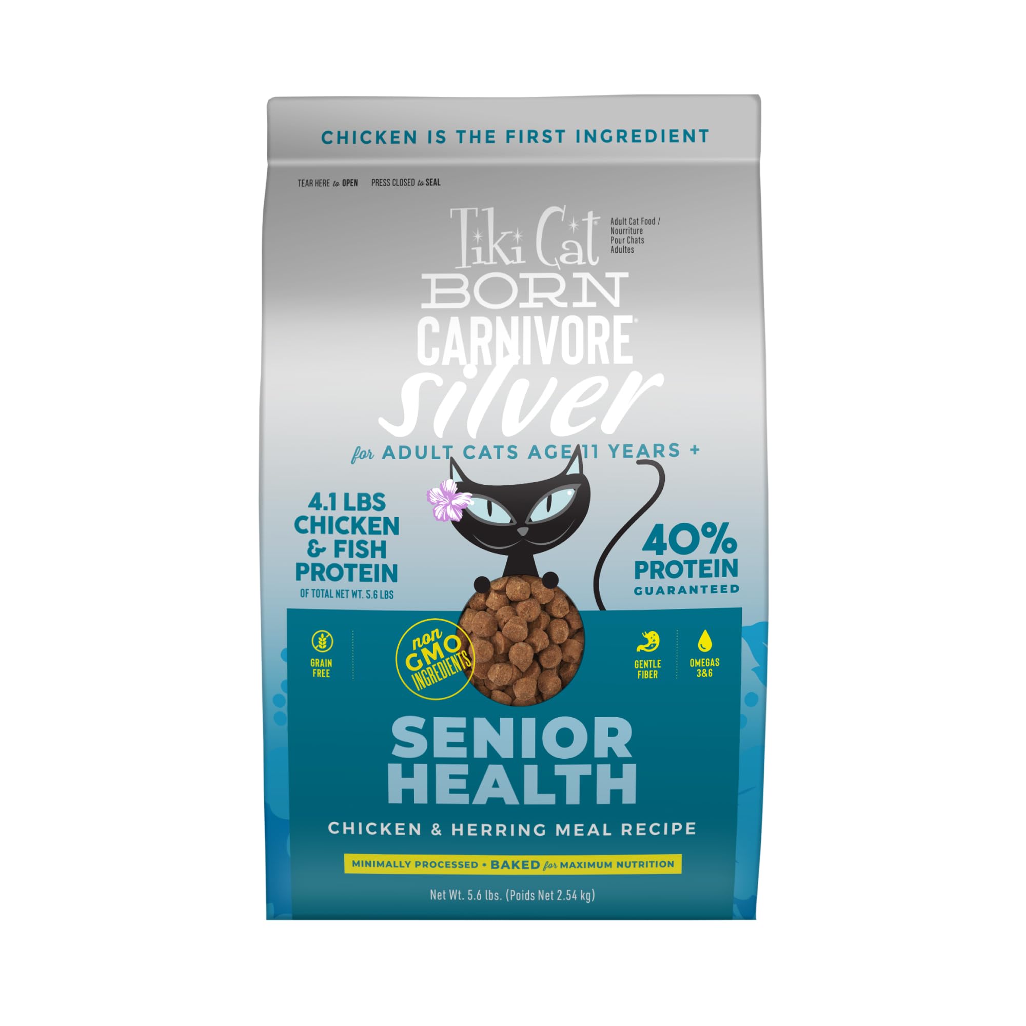 Tiki Cat Born Carnivore Silver Senior Health Dry Cat Food for Senior Cats, Chicken & Herring Meal, 5.6 lbs. Bag