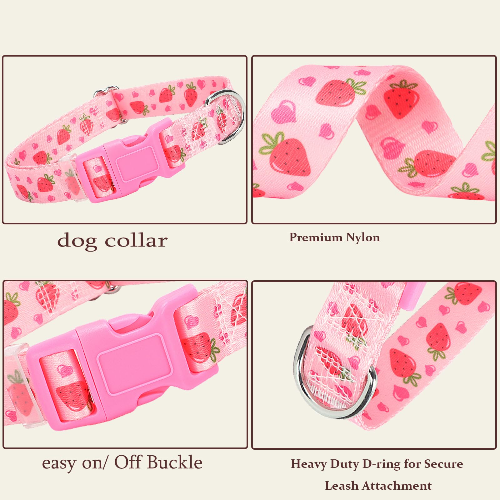 Onefojojo Dog Collar - Cute Pink Strawberry Design, Soft Nylon Adjustable Collar For Large Dogs, Quick-Release Buckle, Durable P