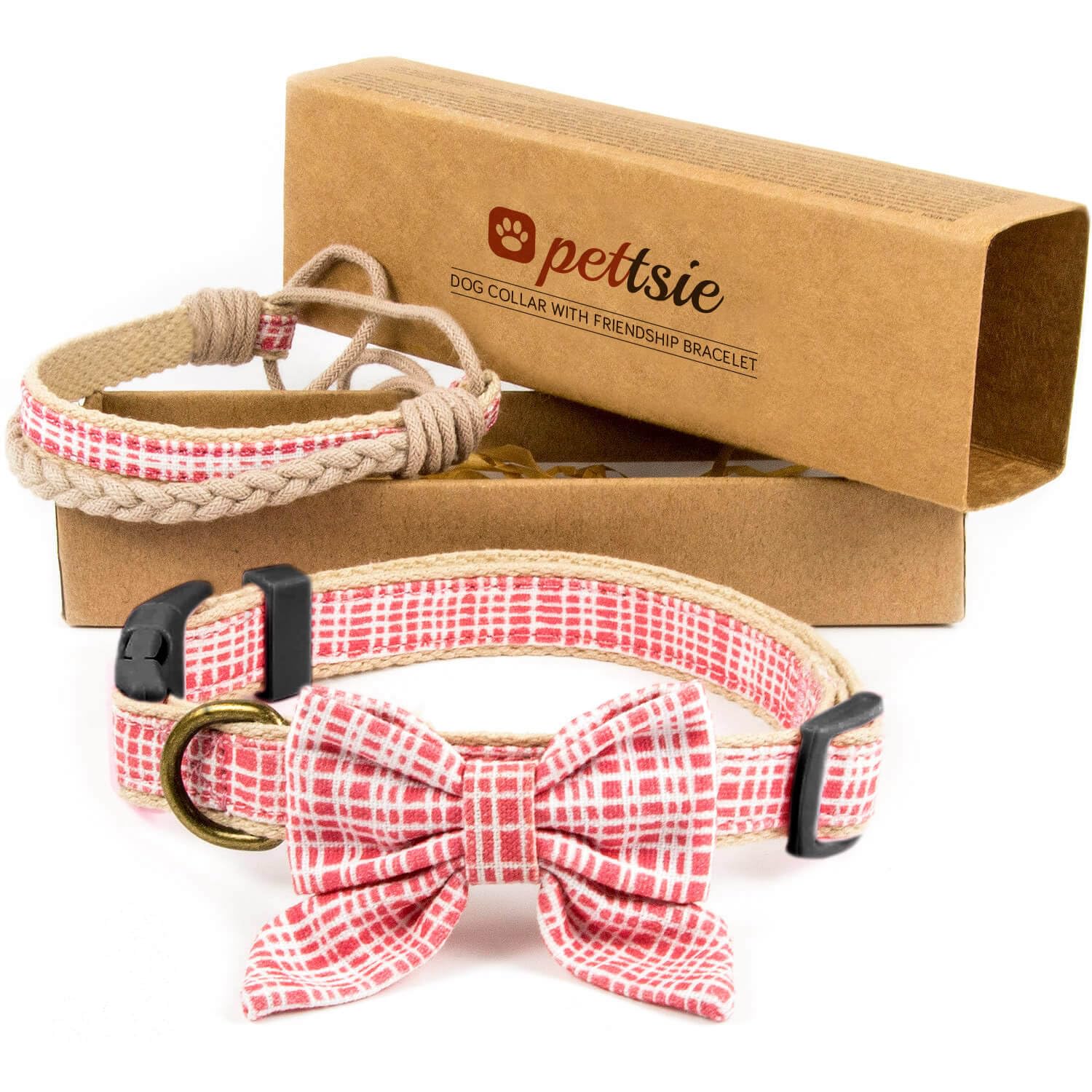 Pettsie Dog Collar, Bow Tie, Friendship Bracelet, 2 Easy Adjustable Sizes, Pet-Friendly Hemp, Comfortable And Soft For Sensitive Skin, Strong D-Ring For Accessories, Carton Box, S, Pink