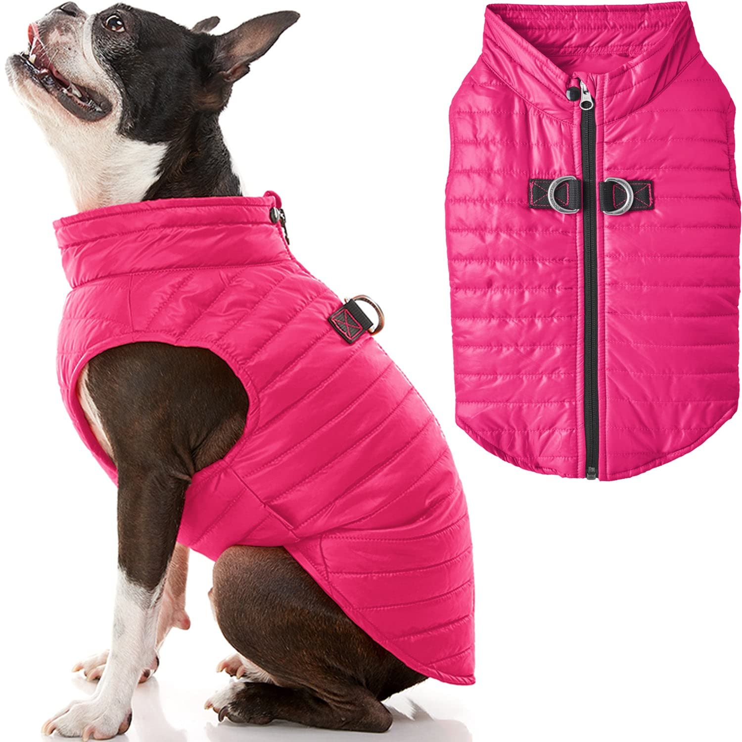 Gooby Puffer Vest Dog Jacket - Pink, Small - Ultra Thin Zip Up Wind Breaker With Dual D Ring Leash - Water Resistant Small Dog S