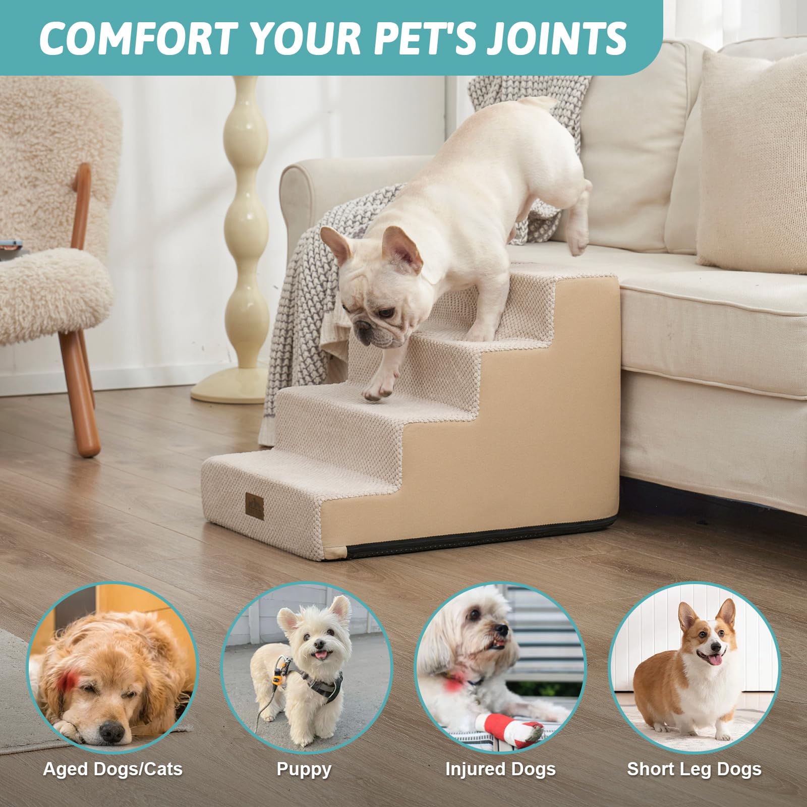 COZY KISS Dog Stairs for Small Dogs, 4 Tier Pet Stairs for Couch and Beds, 17.7 H Non-Slip Dog Steps for Old Cats, Puppy, Small