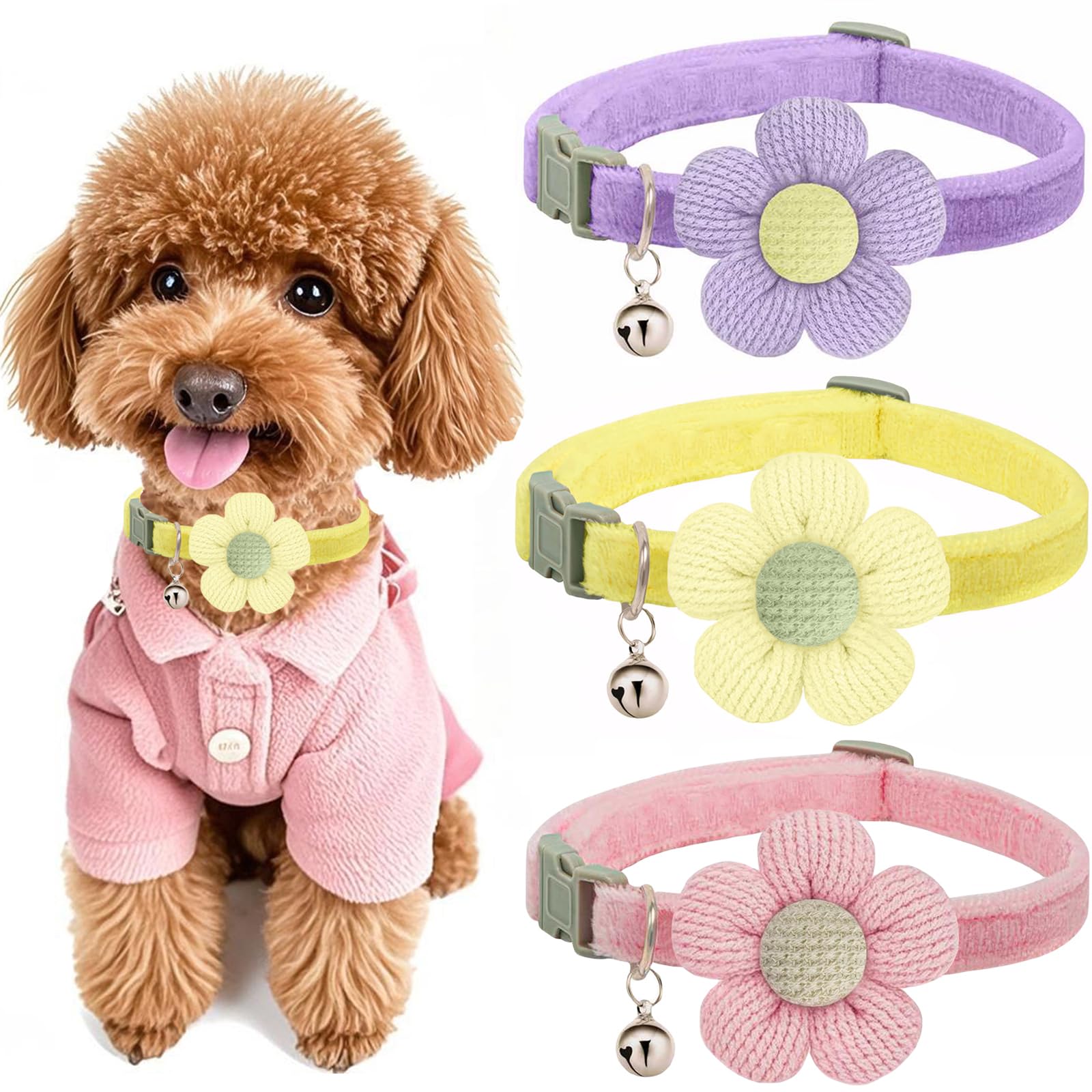 Puppy Collars, Small Dog Collar For Girl Boy, Xs Dog Collars For Small Dogs For Female Male Dogs With Flower And Bell(Pink + Pur