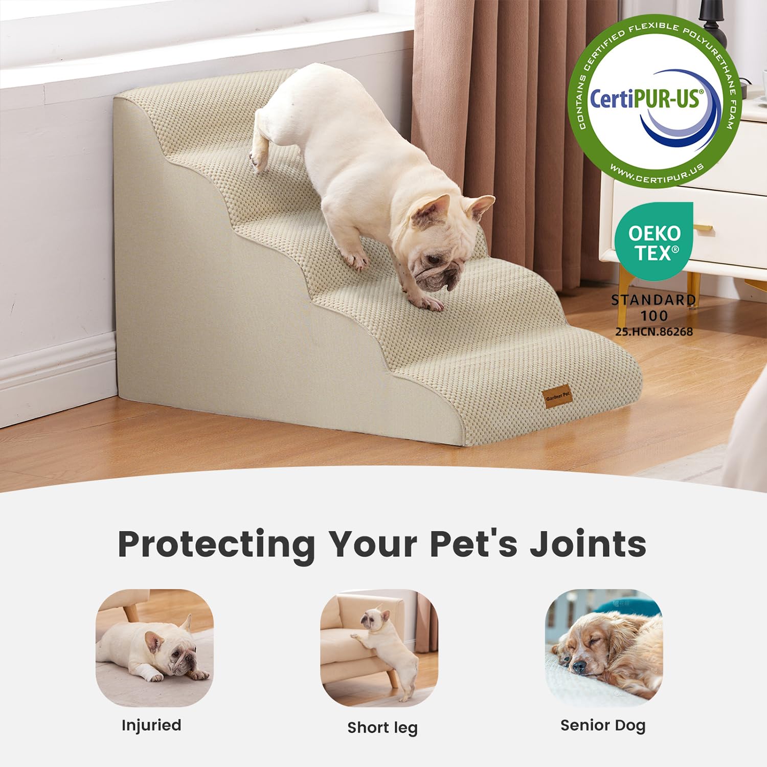 Gardner Pet Dog Stairs for Small Dogs 22.8 H, 5-Step Beige Curved Pet Stairs, Dog Steps for High Bed, Couch (24-30 in) with Dura