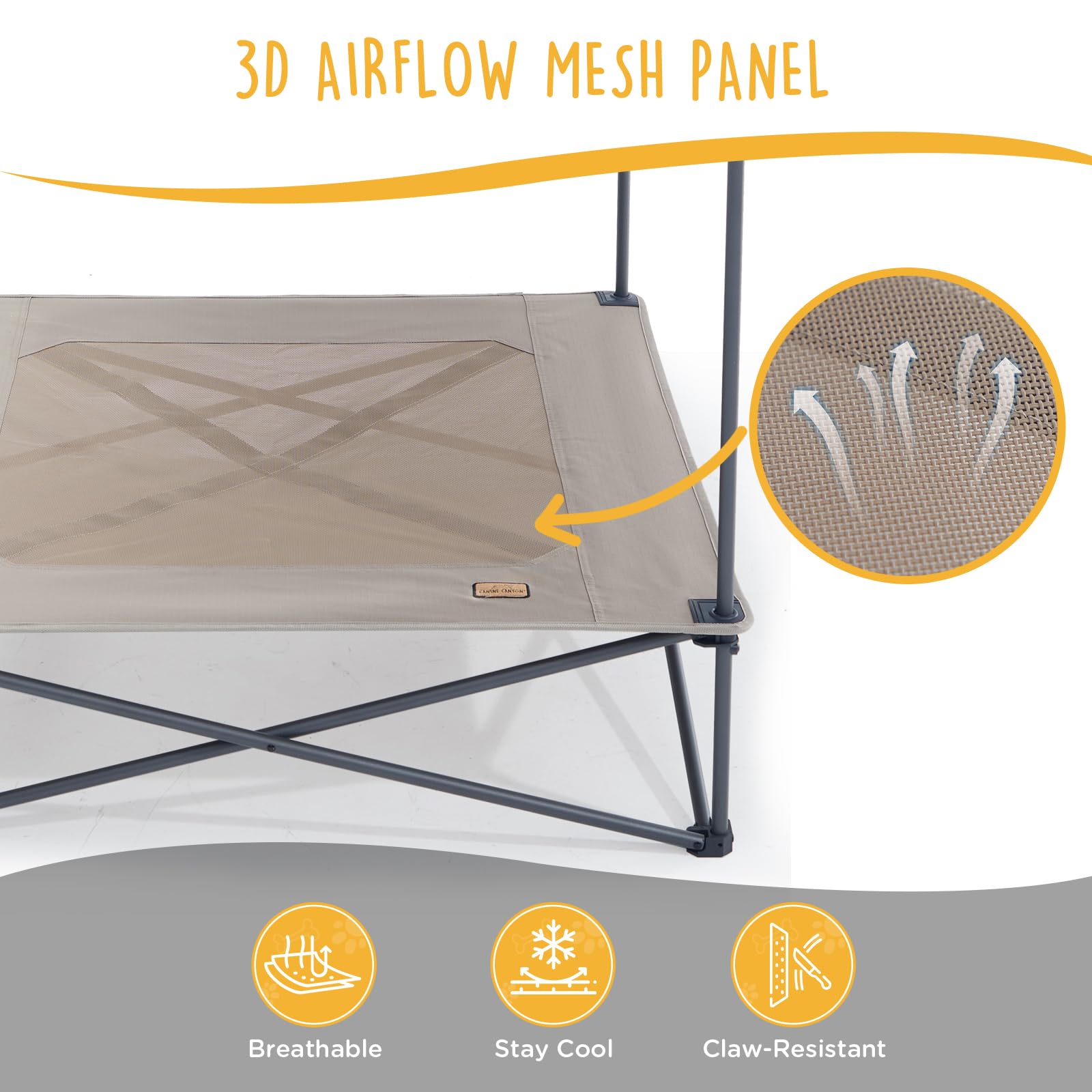 CANINE CANYON Piper Pop-Up Canopy Cot - Large Foldable Elevated Dog Bed with Waterproof Shade, Cooling Mesh, Heavy Duty up to 11