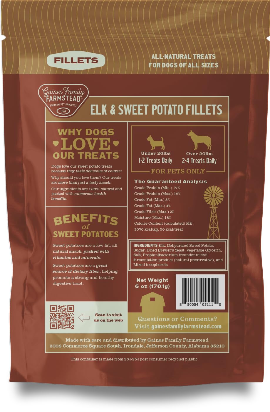 Gaines Family Farmstead Elk & Sweet Potato Fillets - Limited Ingredient, Grain-Free High Protein Dog Treat, Supports Digestive H