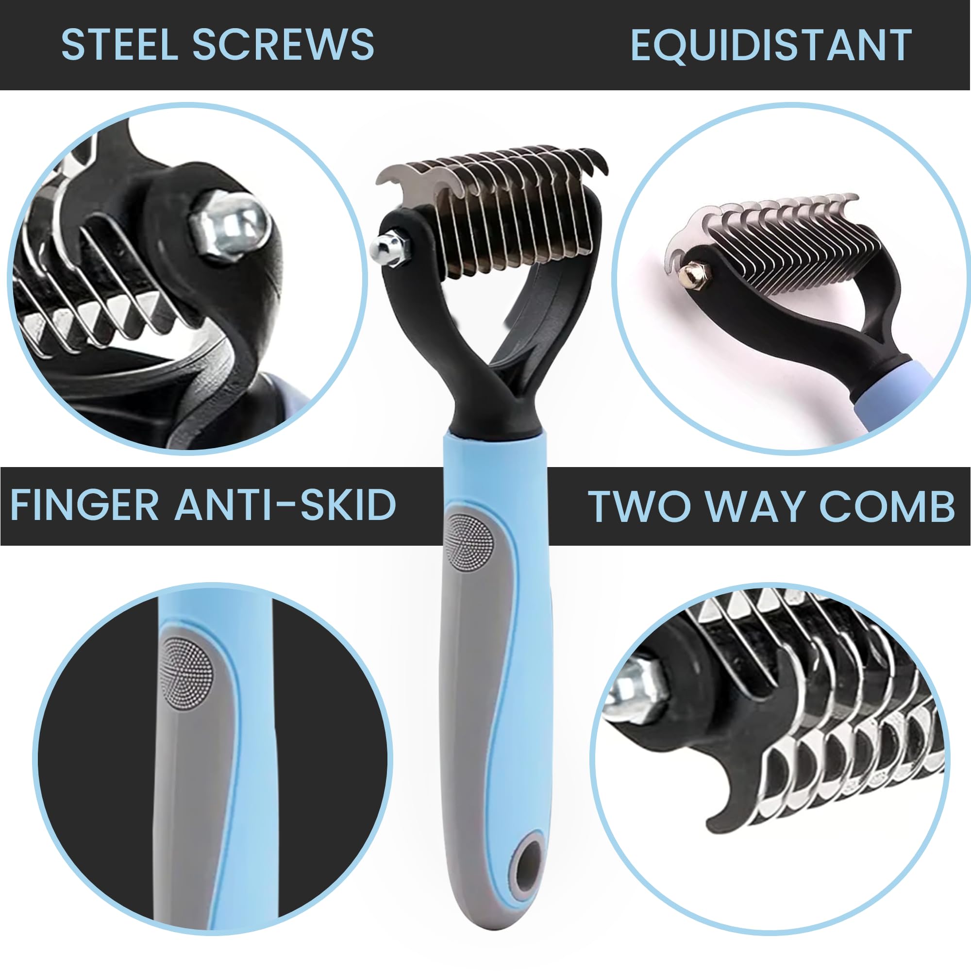 Kwest Essentials Pet Grooming Brush - Shedding Comb & Dematting Tool For Dogs & Cats, Extra Wide Undercoat Rake For Dog Grooming, Blue