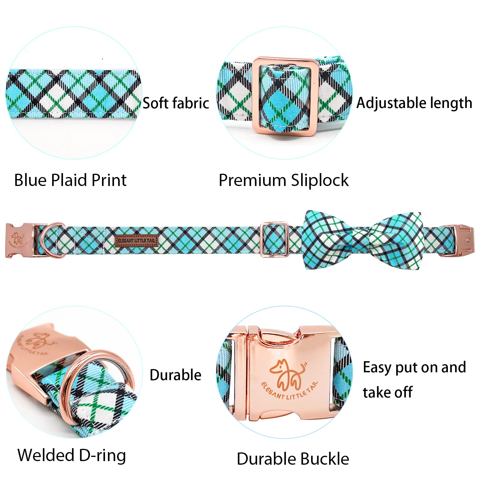 Elegant little tail Dog Collar, Blue Plaid Dog Collar with Bow Boy Dog Collar Pet Collars Soft Dog Bowtie Adjustable Dog Collar