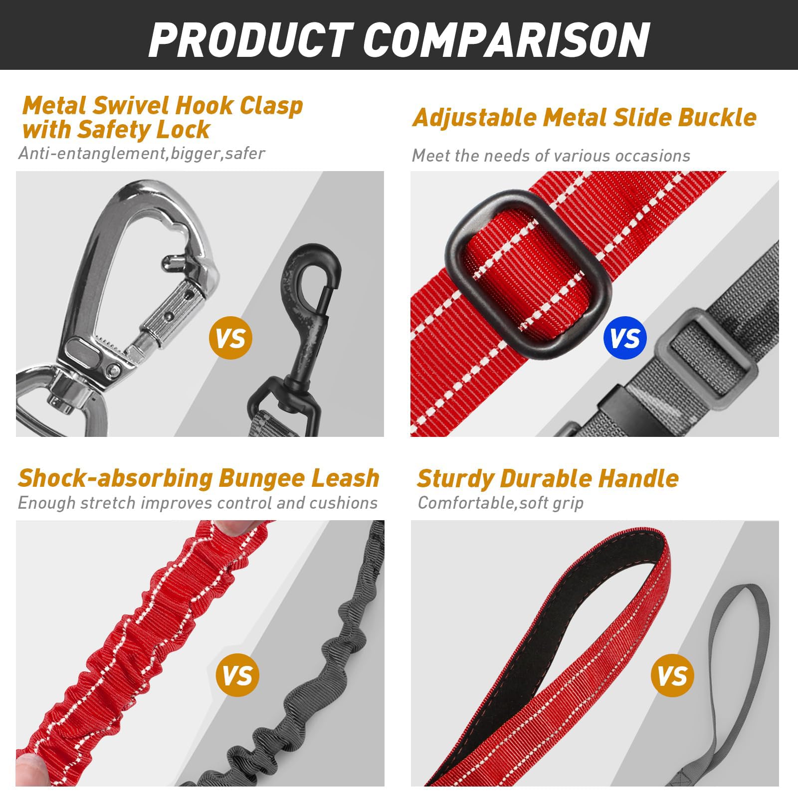 Aubell Dog Leash, Reflective Dog Leash Heavy Duty Dog Leash With Car Seat Belt And Padded Handle, Tactical Dog Leashes For Walking,Training Lead For Large Medium Dogs, 6Ft Strong Bungee Dog Leash, Red