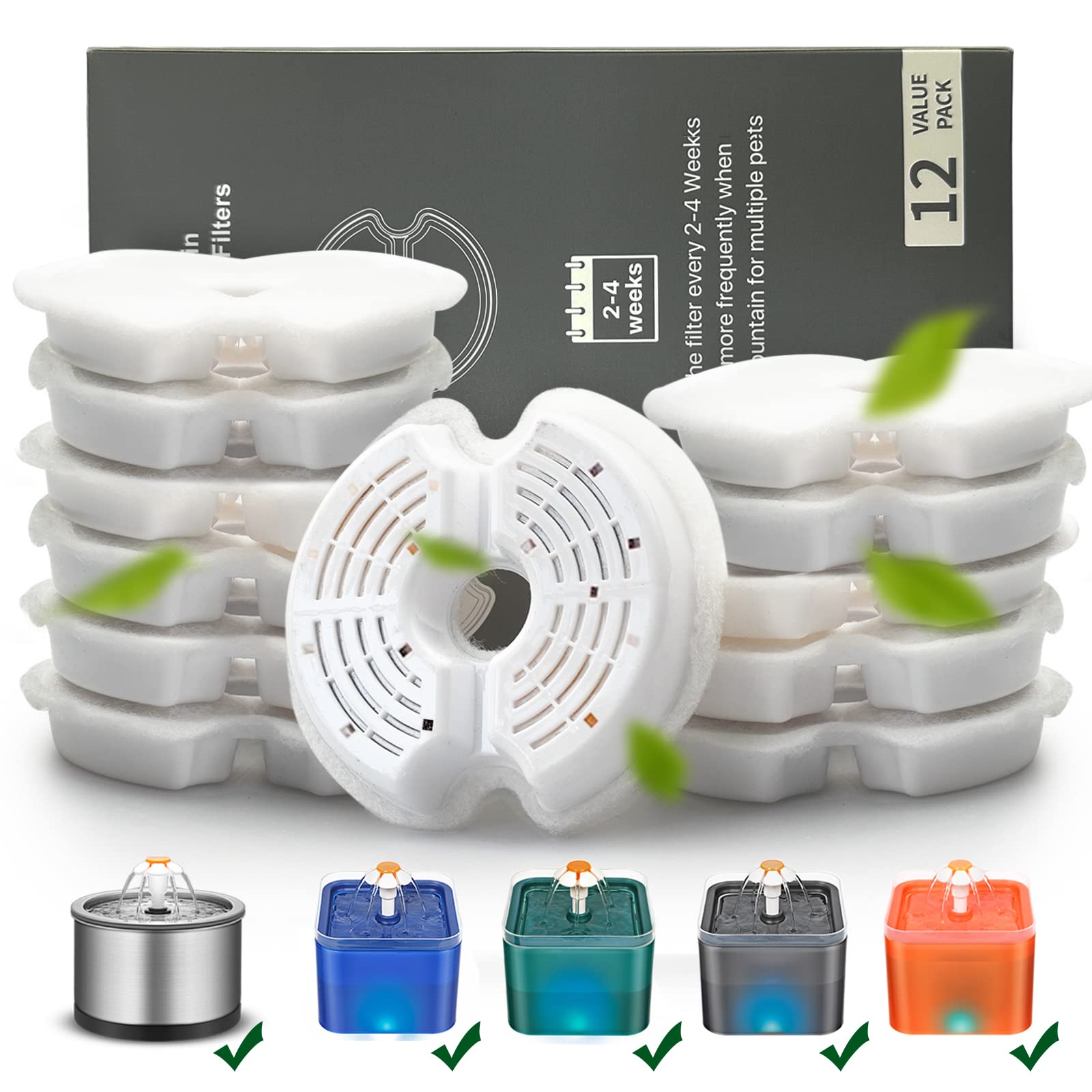 Cat Water Fountain Filter, Multiple Filtration Pet Water Fountain Replacement Filter,8 Or 12 Packs Of Cotton Activated Carbon Cat Fountain Filter(Filter 12 Pack)