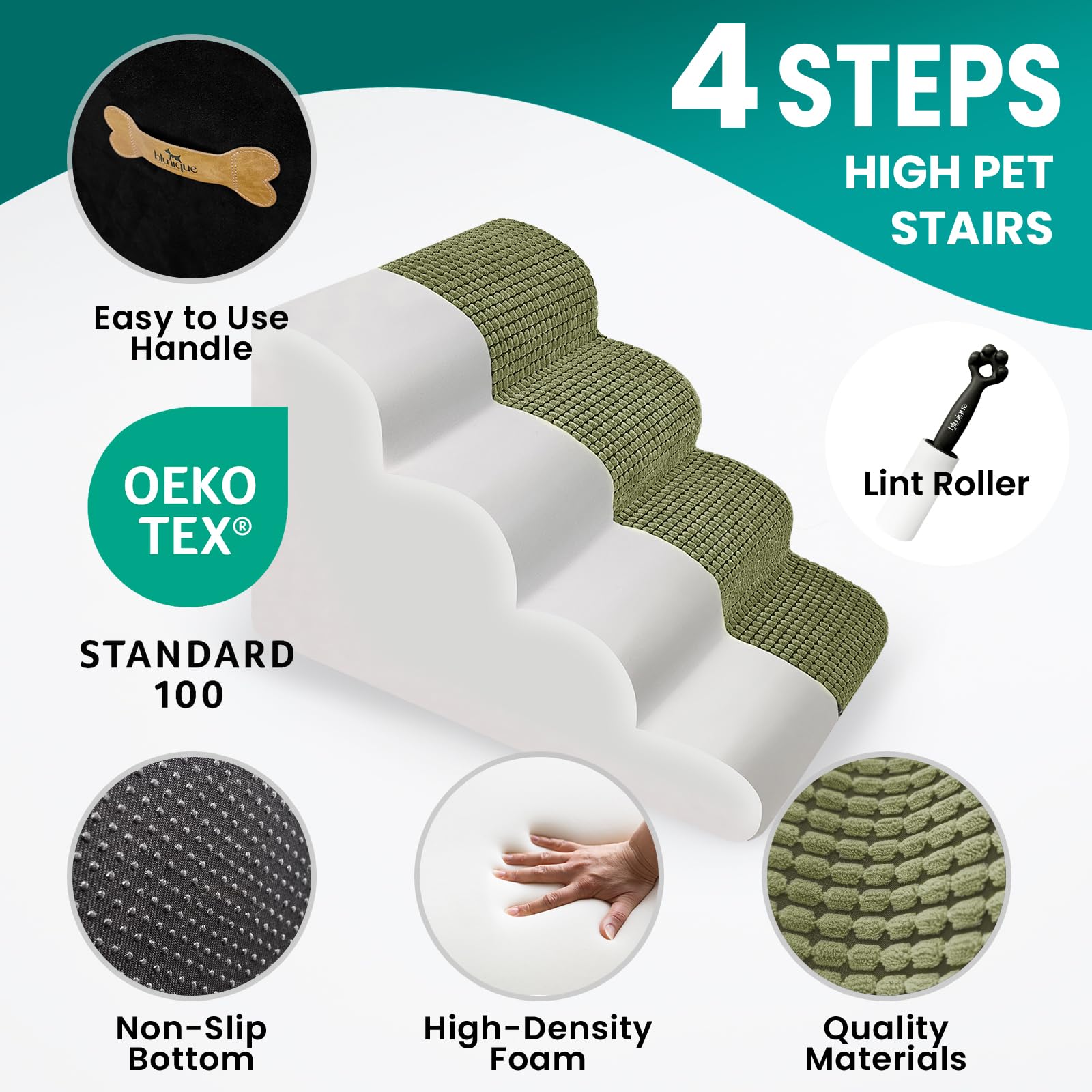 blunique Dog Stairs for Small Dogs, 20.5 in H 4 Step Curved Dog Ramp for High Bed and Couch, Foam Dog Ramp with Durable Non-Slip