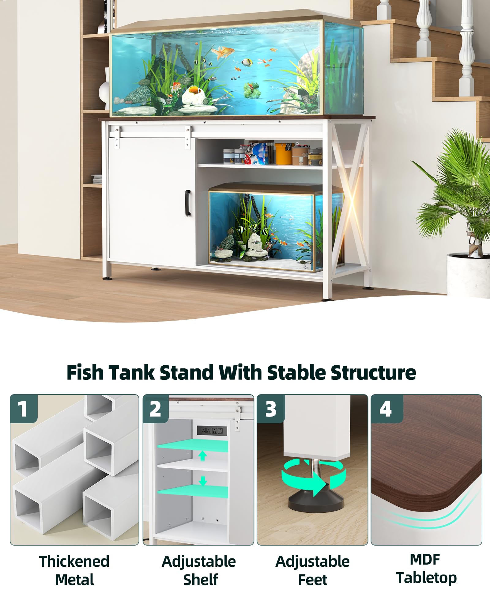 FILKO Aquarium Stand for 55-75 Gallon Tanks, Heavy Duty Metal, White, Model YGG3334-A, with Sliding Door and Power Outlet