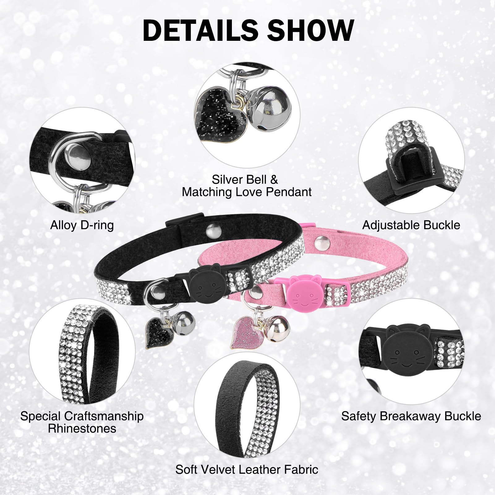 Dillybud Rhinestone Cat Collar Breakaway With Bell, Diamond Cat Collar With Safety Buckle Quick Release For Girl Boy Small Kitte