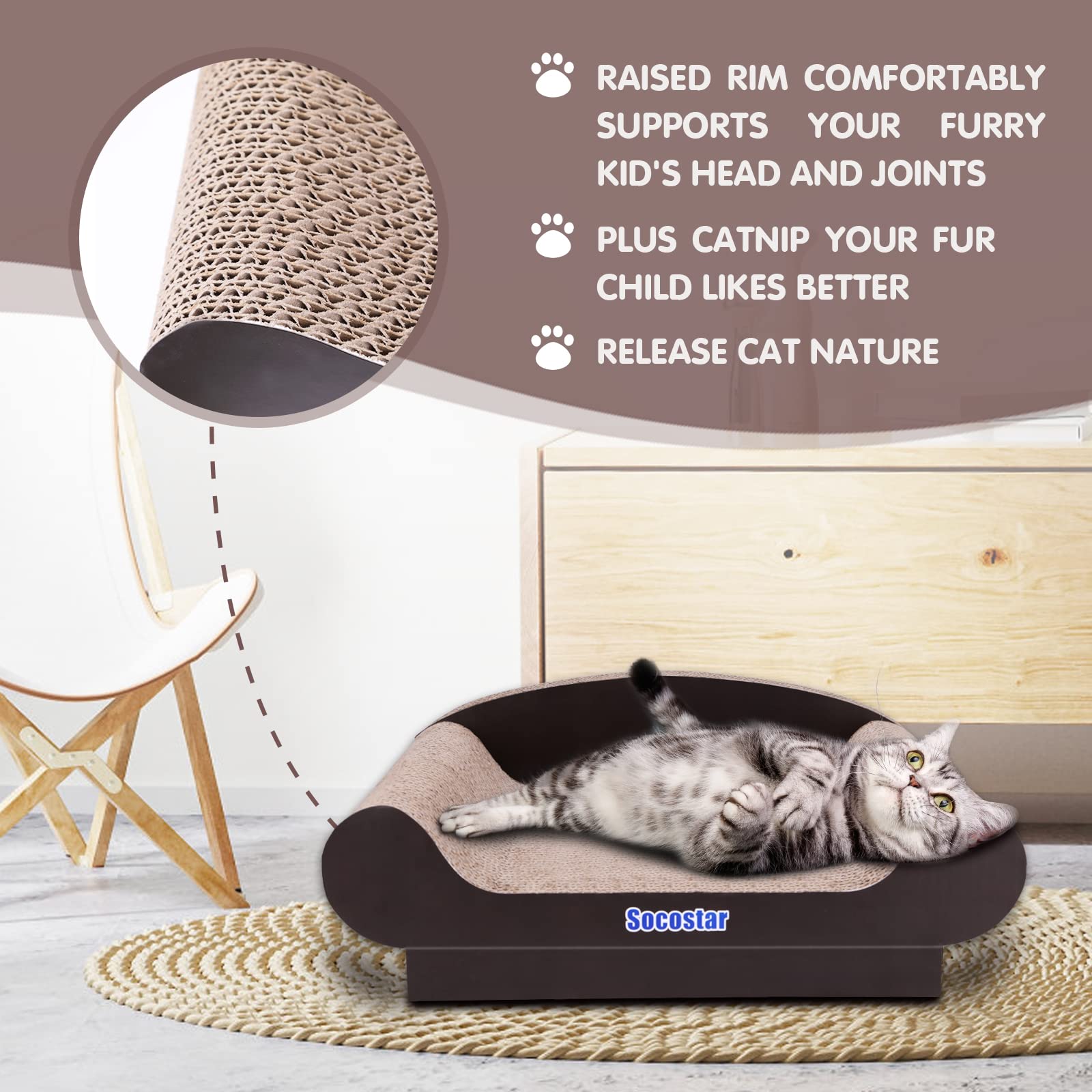 Socostar Cat Couch Bed Pad, Cardboard Cats Scratcher Furniture with Catnip, Large Scratch Sofa for Indoor Cats, Wear Resistant a