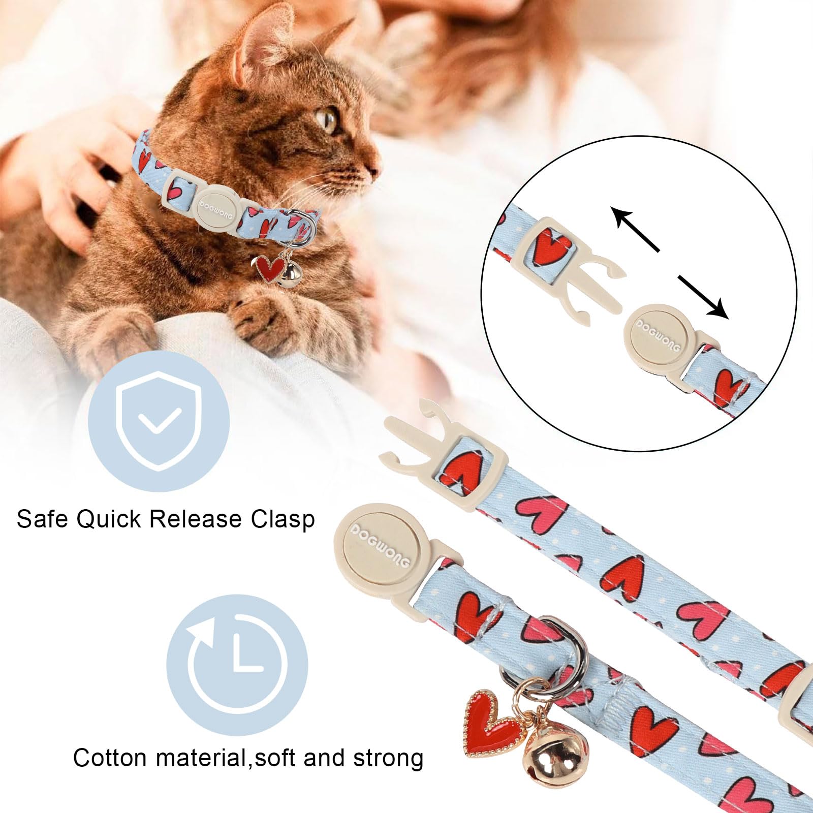 Cat Collar,2 Pack Cat Collars Breakaway With Bell, Dogwong Safety Buckle Valentine'S Day Cat Collar Blue Heart For Girl Boy Cats