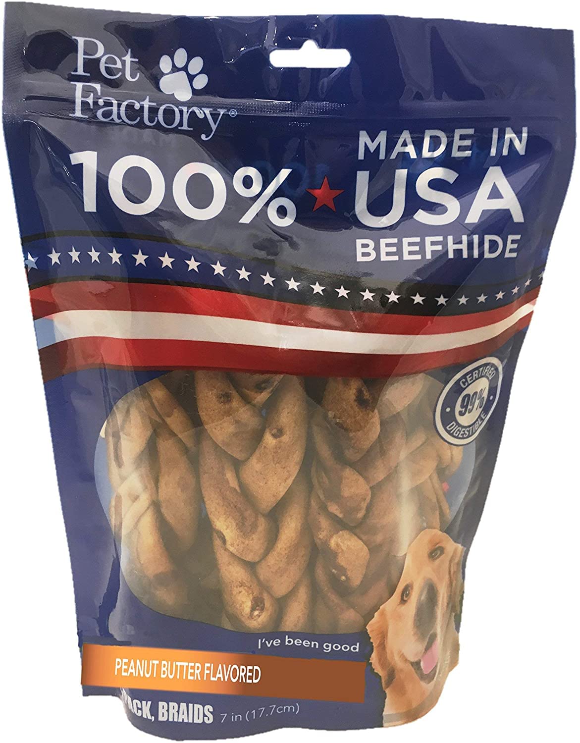 Pet Factory 100% Made in USA Beefhide 7 Braided Sticks Dog Chew Treats - Peanut Butter Flavor, 6 Count/1 Pack