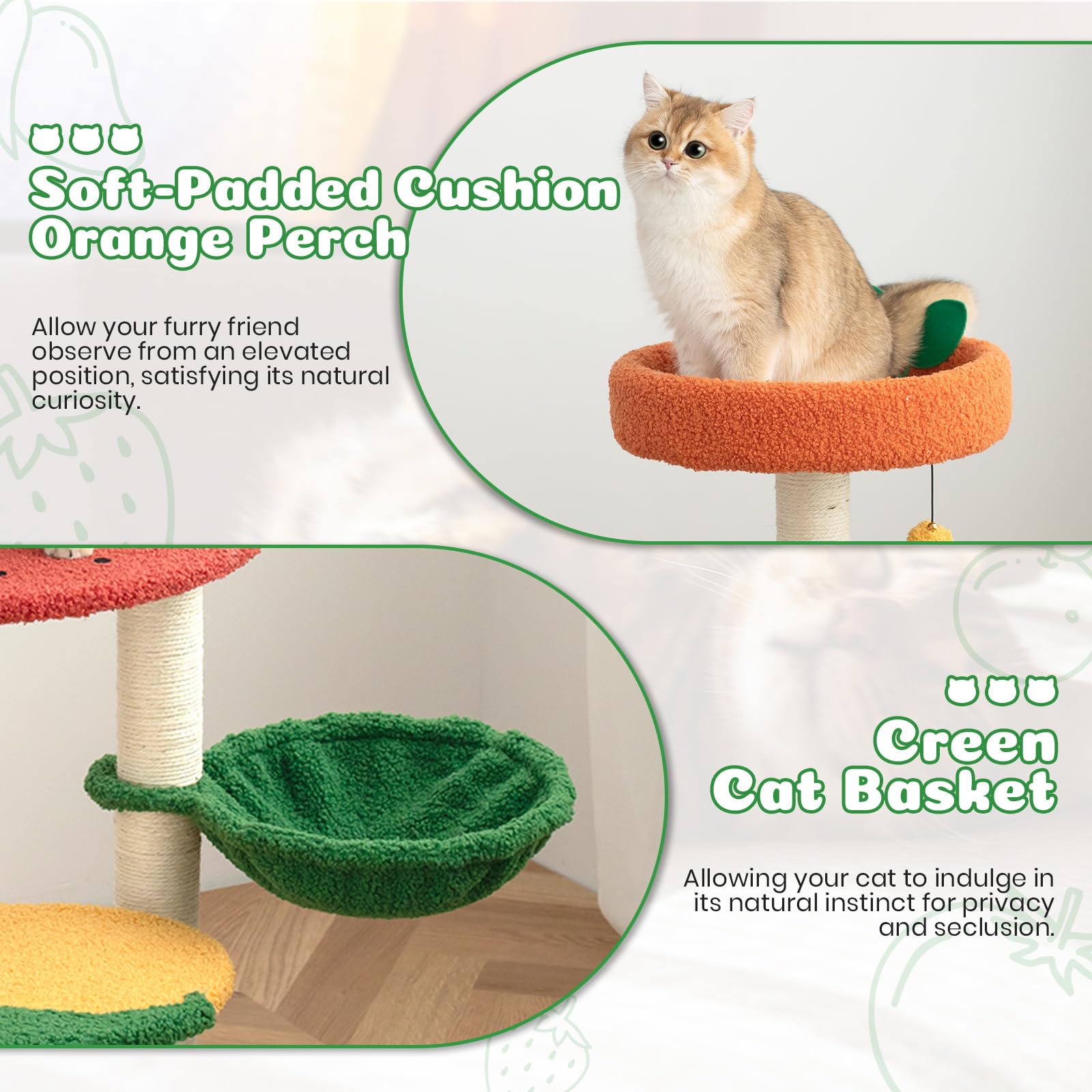 Happy & Polly Cute Cat Tree - 40.5'' Fruit World Cat Tower For Indoor Cats, Cat Tree Condo With Sisal Scratching Posts, Cozy Ham