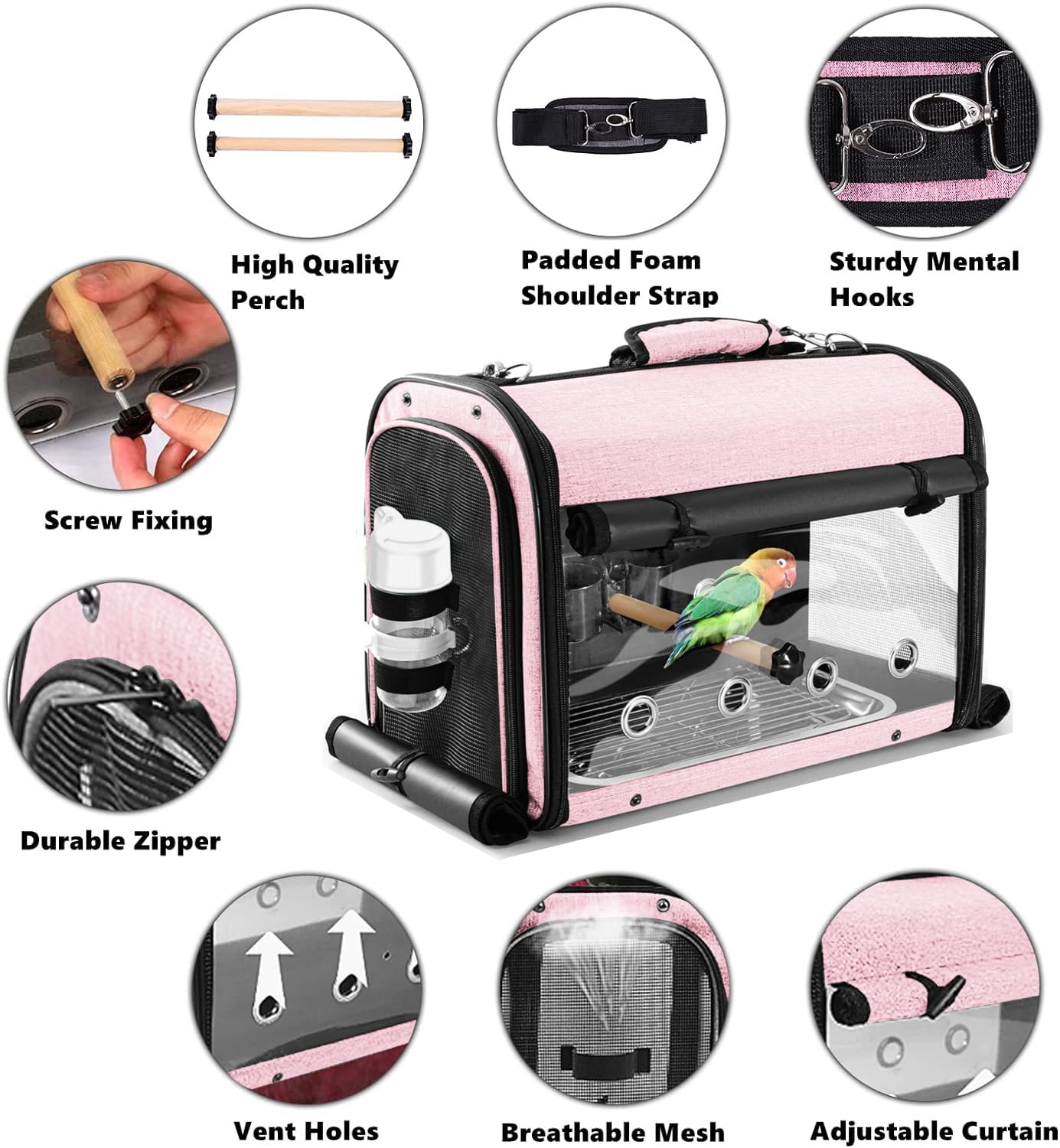 Suertree Bird Carrier Bag - Lightweight Travel Cage for Parrots - Large Pink - Breathable Cotton Design