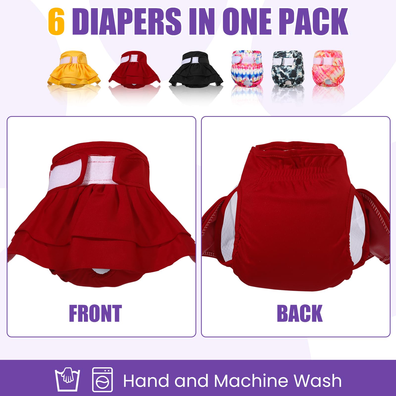 Xpcare 6 Pack Washable Female Dog Diapers - Reusable Doggie Diapers, Highly Absorbent Dog Diapers, Leak-Proof Puppy Diapers For